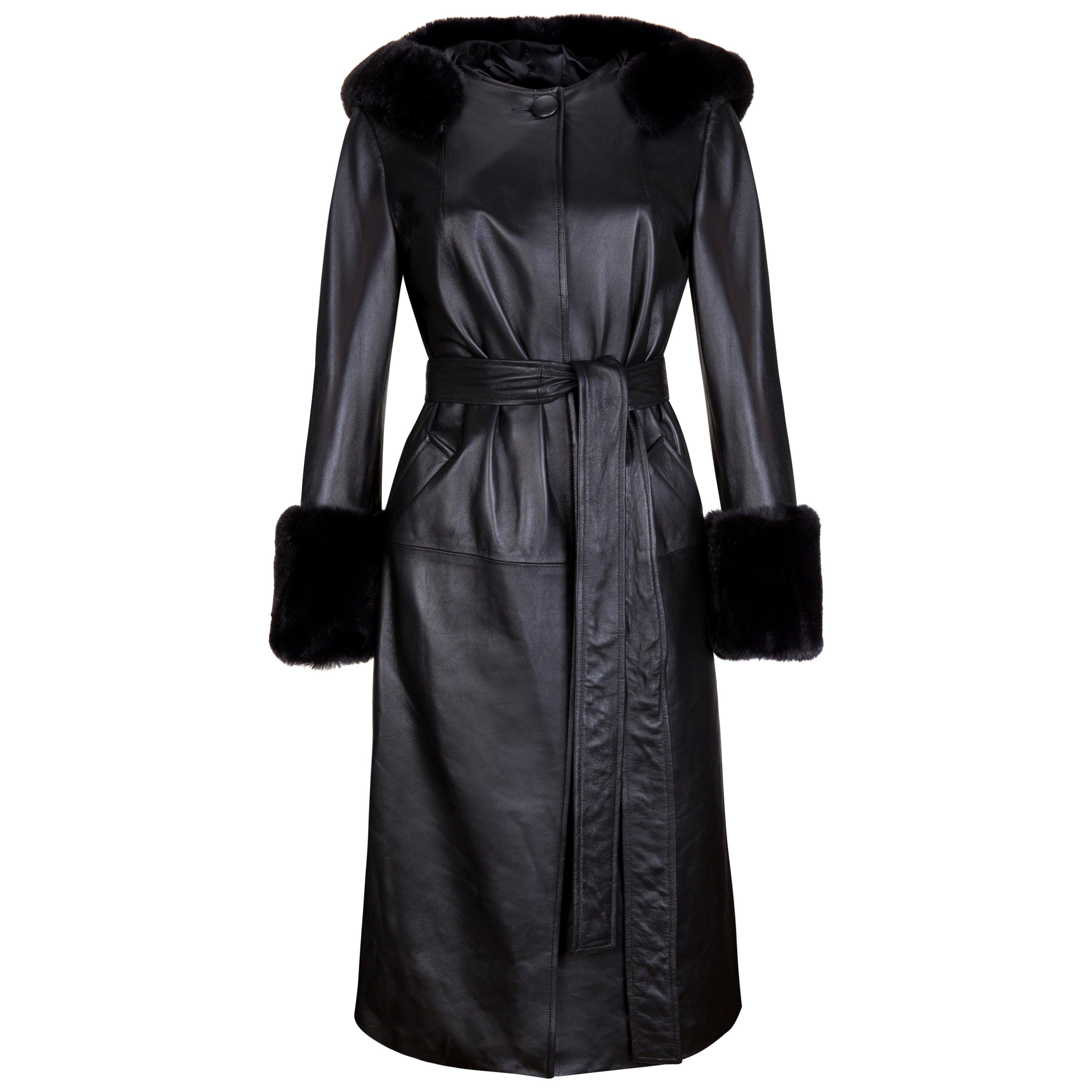 Verheyen London Hooded Leather Trench Coat in Black with Faux Fur - Size uk 8