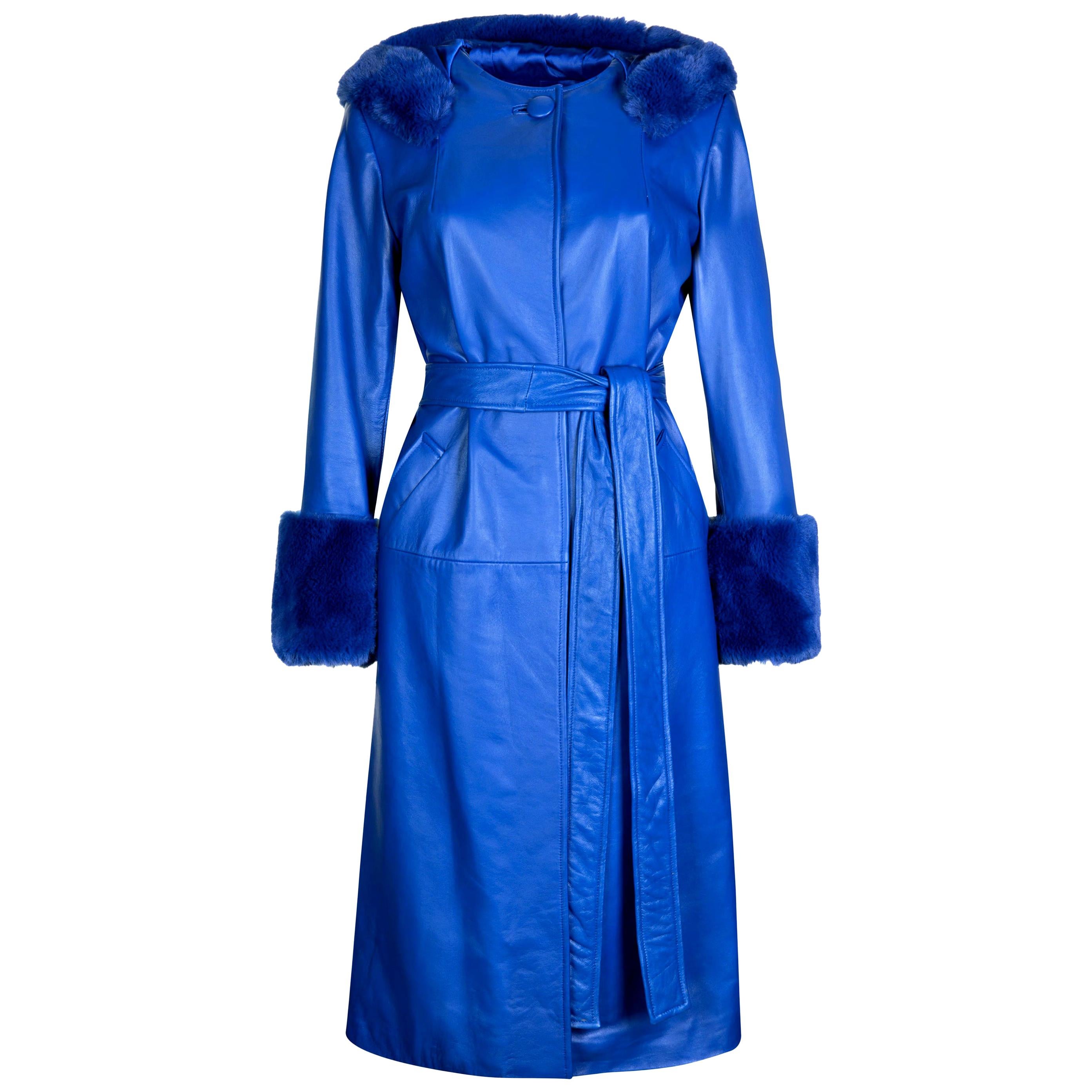 Verheyen London Hooded Leather Trench Coat in Blue with Faux Fur - Size uk 14