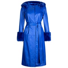 Verheyen London Hooded Leather Trench Coat in Blue with Faux Fur - Size uk 14