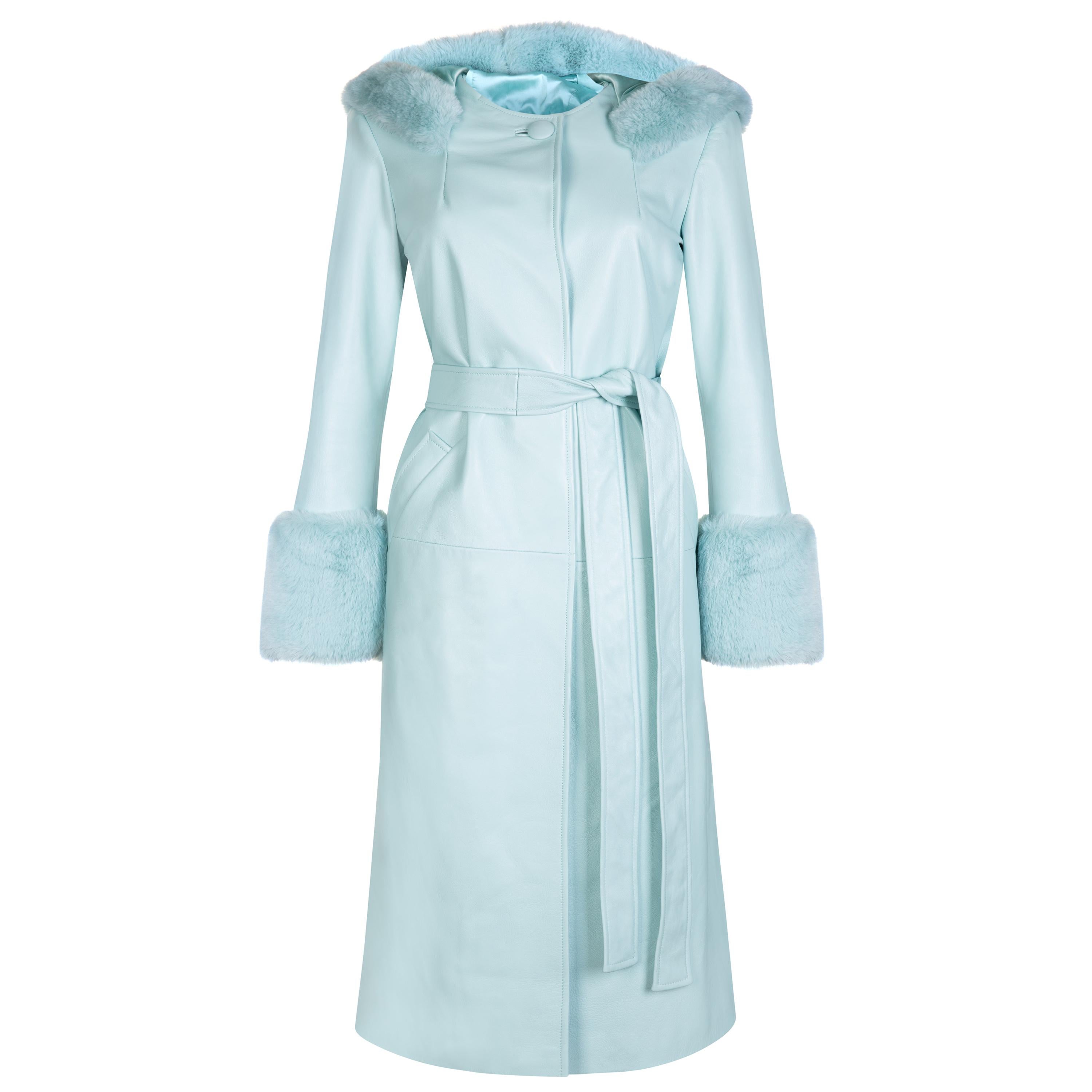 Verheyen London Hooded Leather Trench Coat in Blue with Faux Fur - Size uk 16