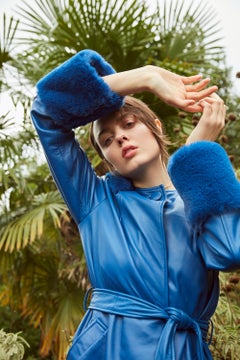 Verheyen London Hooded Leather Trench Coat in Blue with Faux Fur - Size uk 6
