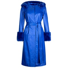 Verheyen London Hooded Leather Trench Coat in Blue with Faux Fur - Size uk 6