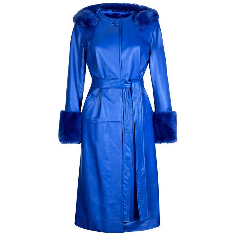Verheyen London Hooded Leather Trench Coat in Blue with Faux Fur - Size UK 6