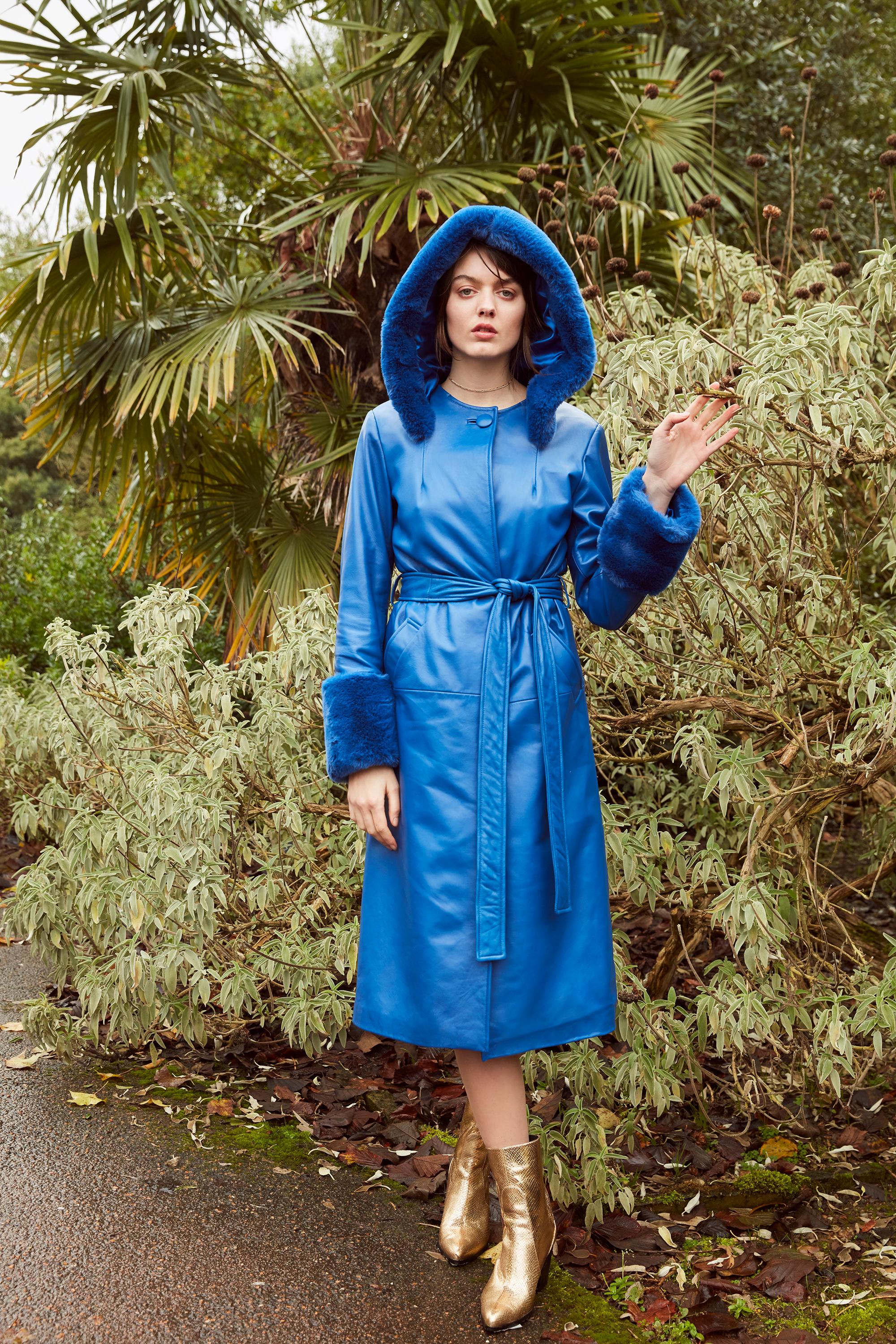 blue fur trench coat