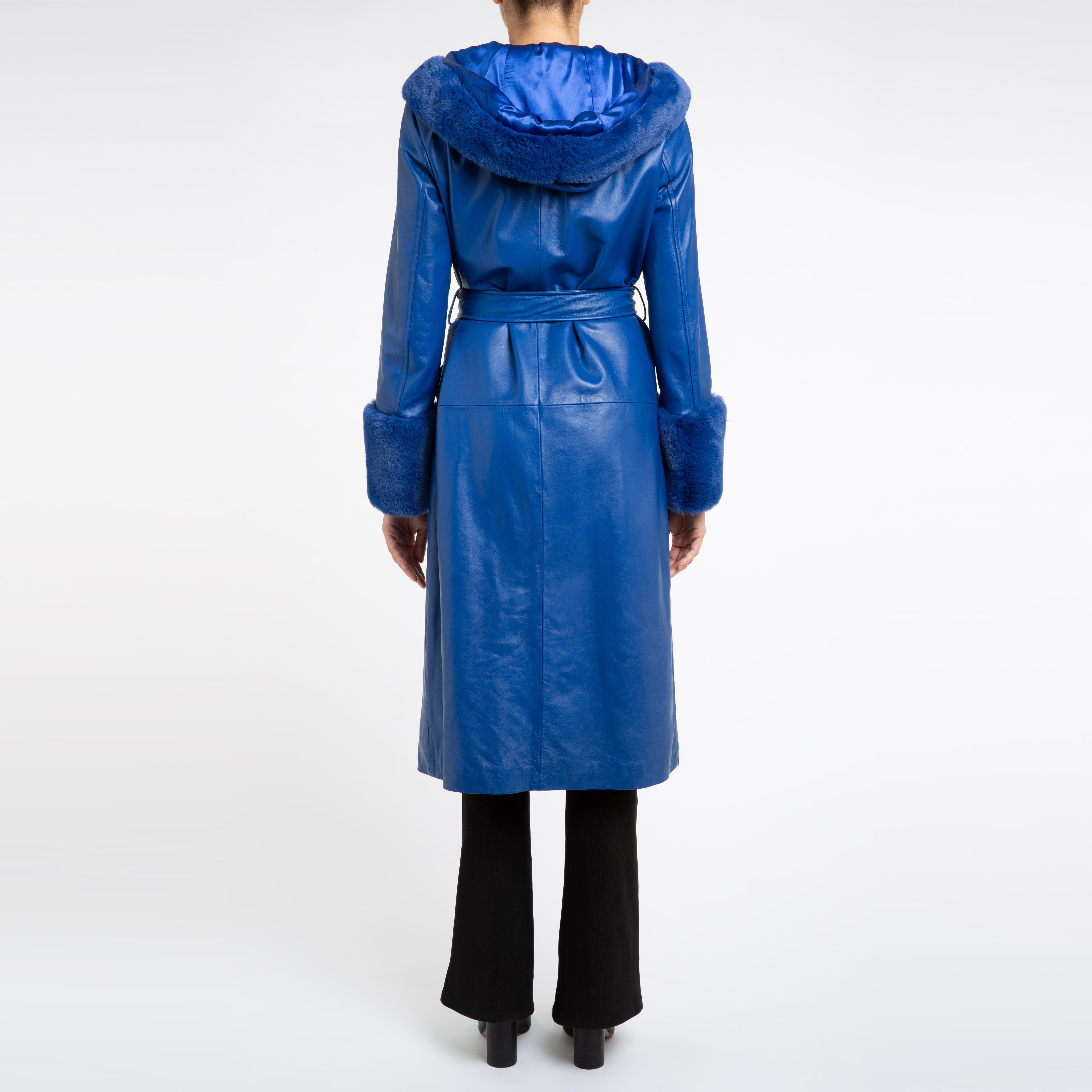 blue leather trench coat