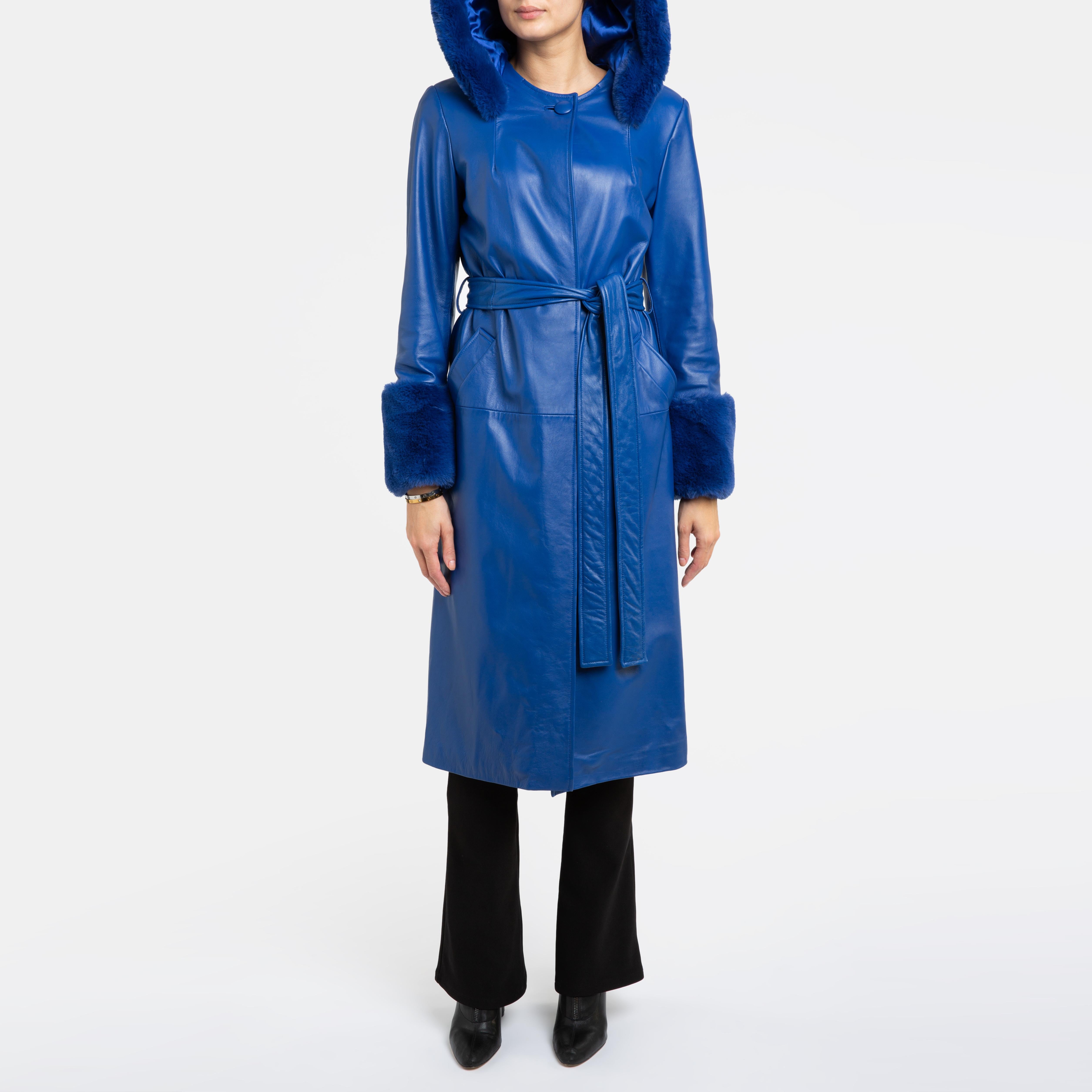 Women's Verheyen London Hooded Leather Trench Coat in Blue with Faux Fur - Size uk 8 
