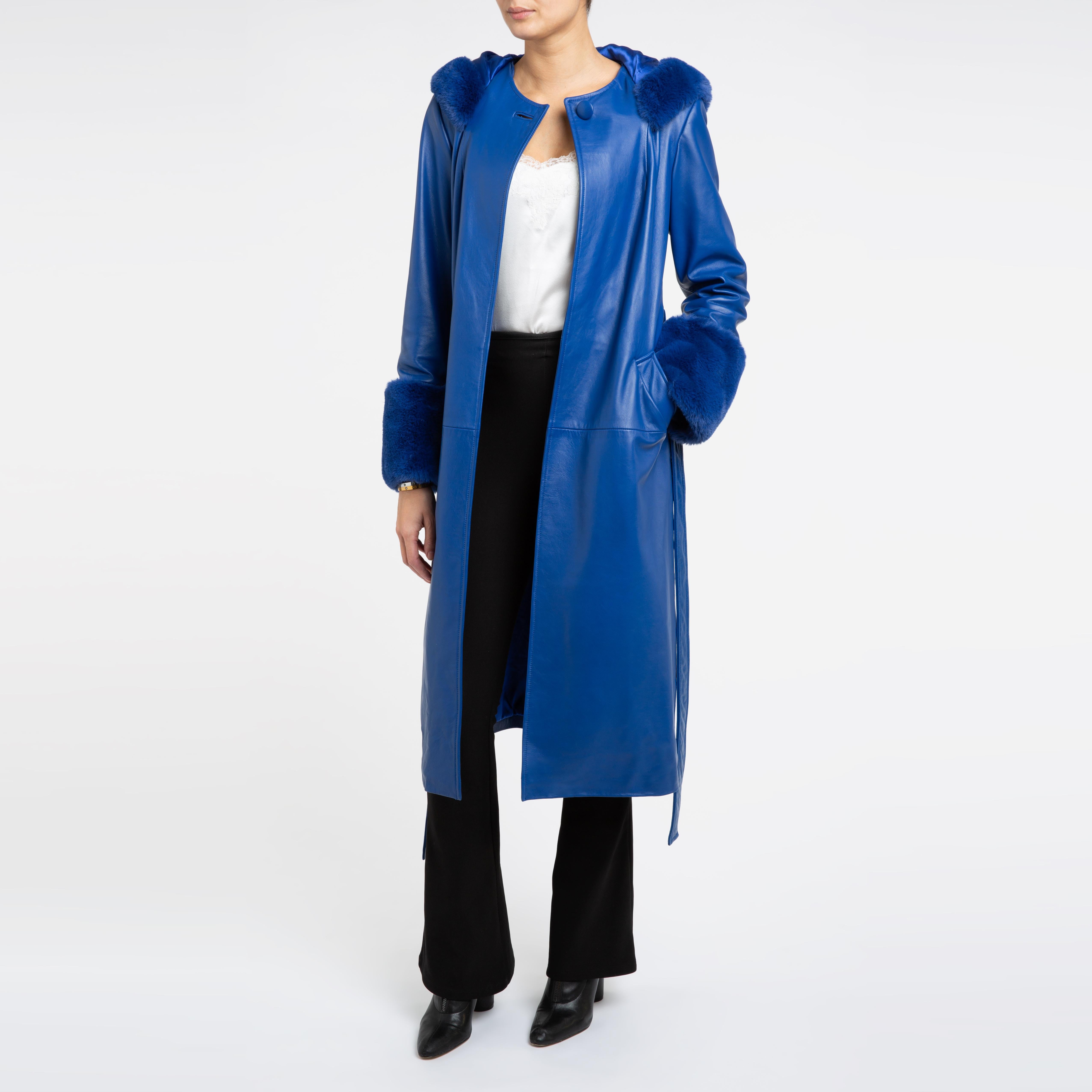 Verheyen London Hooded Leather Trench Coat in Blue with Faux Fur - Size uk 8  1