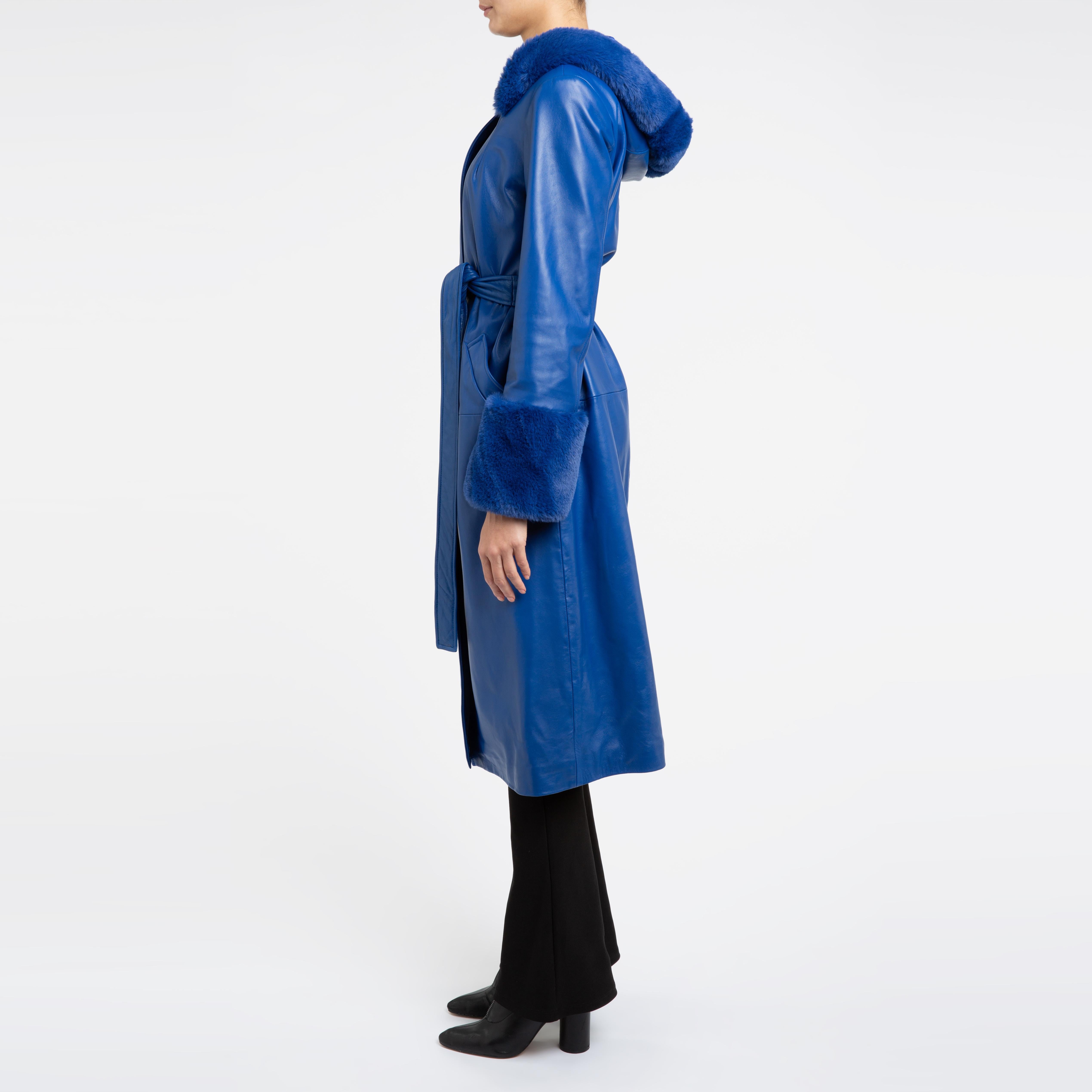 Verheyen London Hooded Leather Trench Coat in Blue with Faux Fur - Size uk 8  2