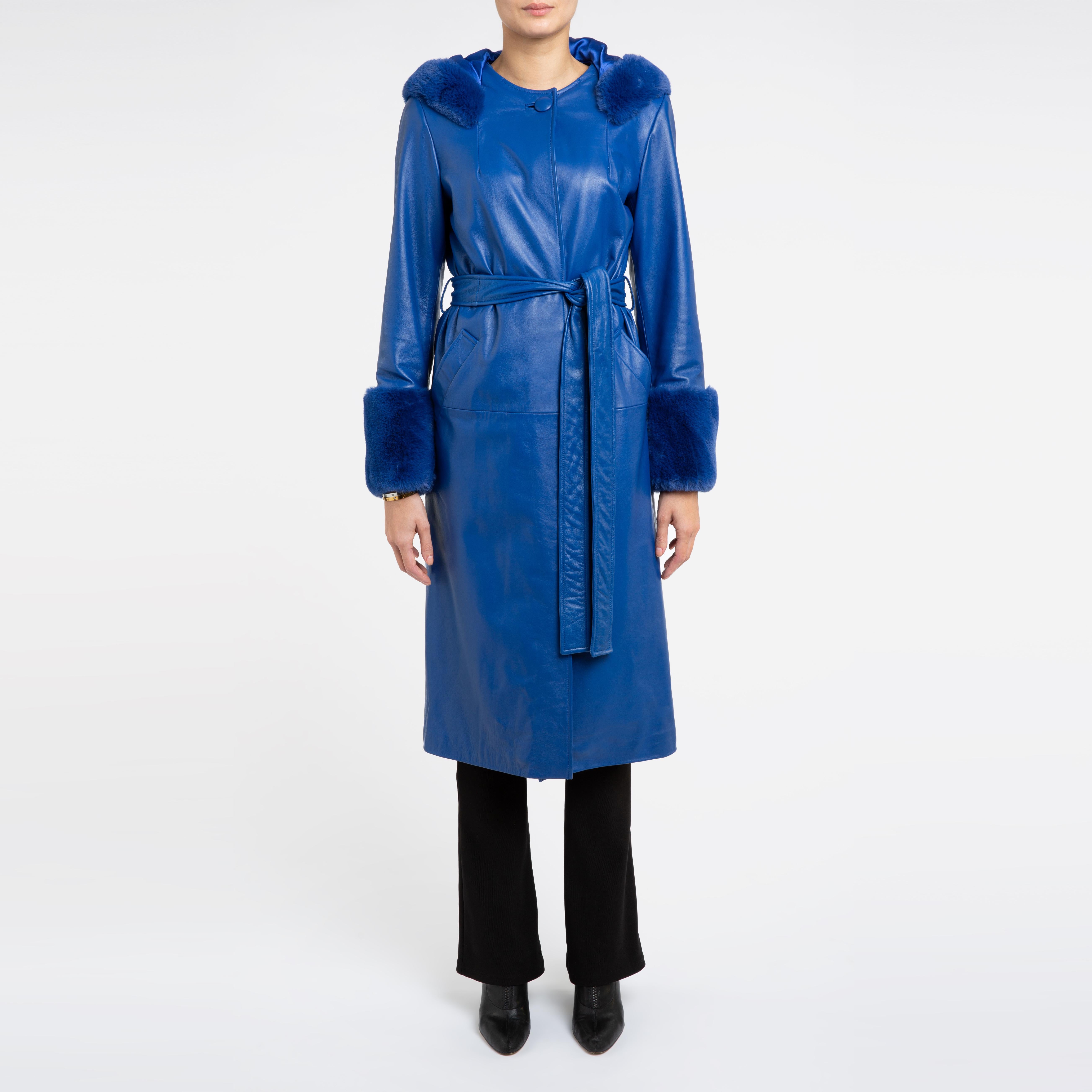 Verheyen London Hooded Leather Trench Coat in Blue with Faux Fur - Size uk 8  3