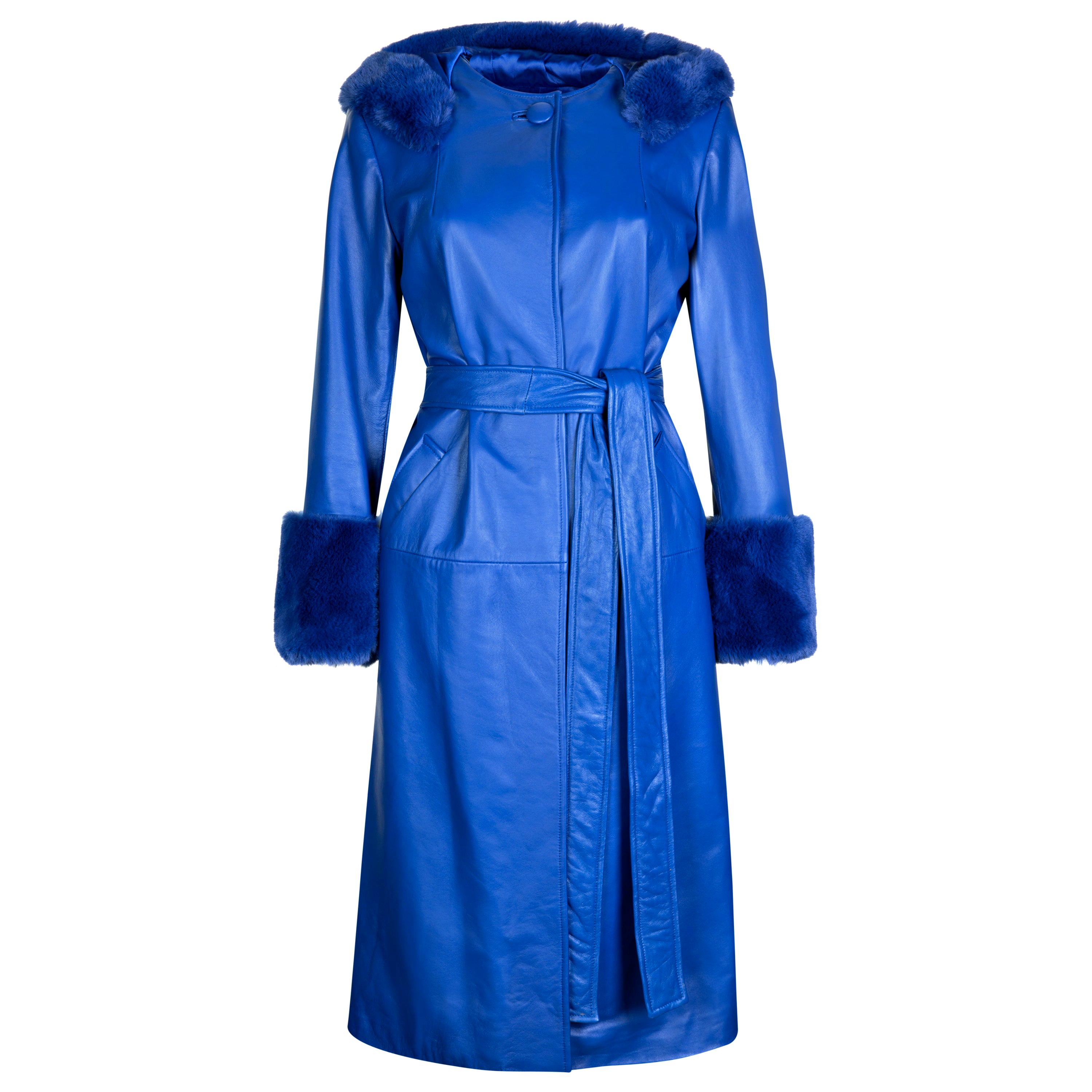 Verheyen London Hooded Leather Trench Coat in Blue with Faux Fur - Size uk 8 