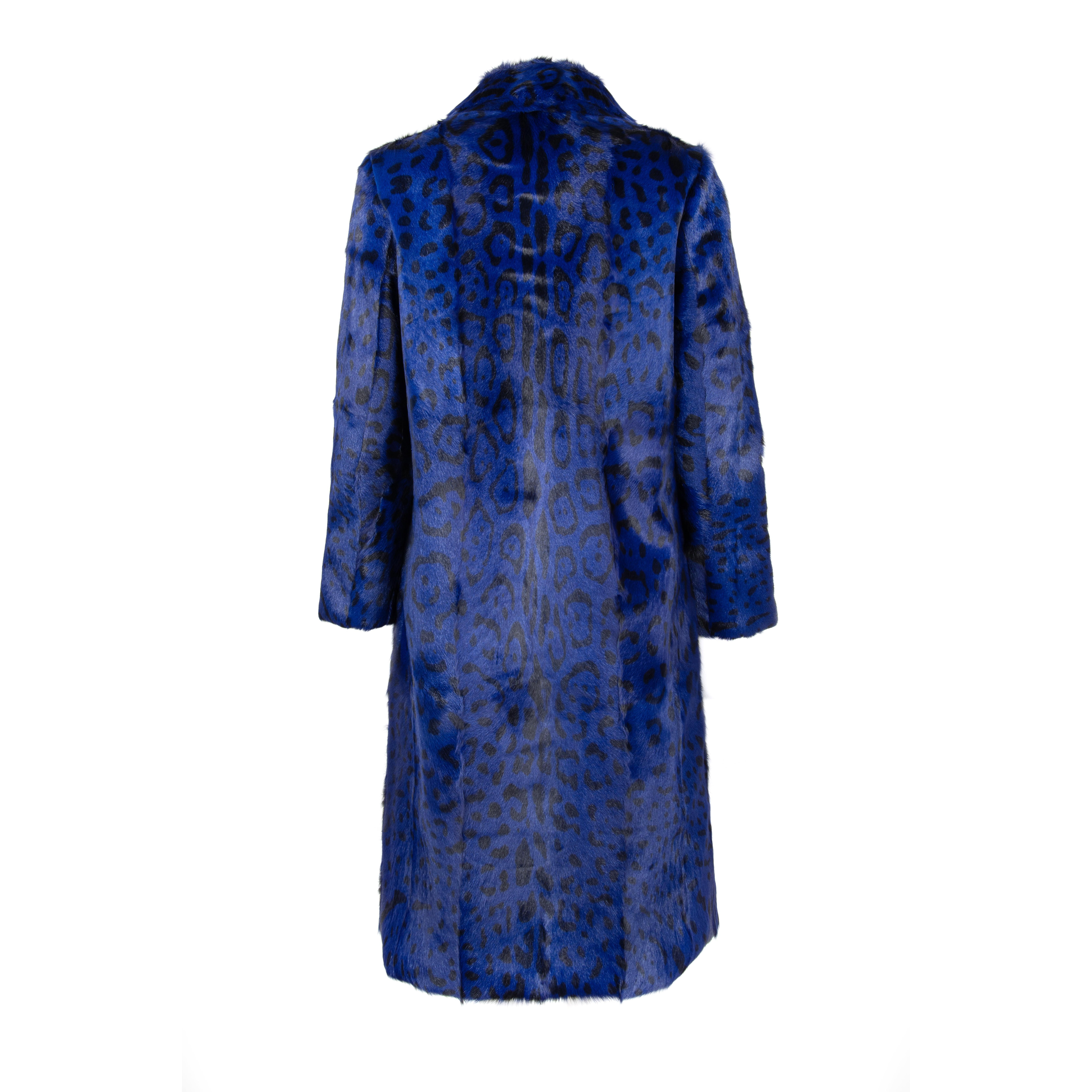 Women's Verheyen London Ink Blue Leopard Print Coat in Goat Hair Fur UK 10 For Sale
