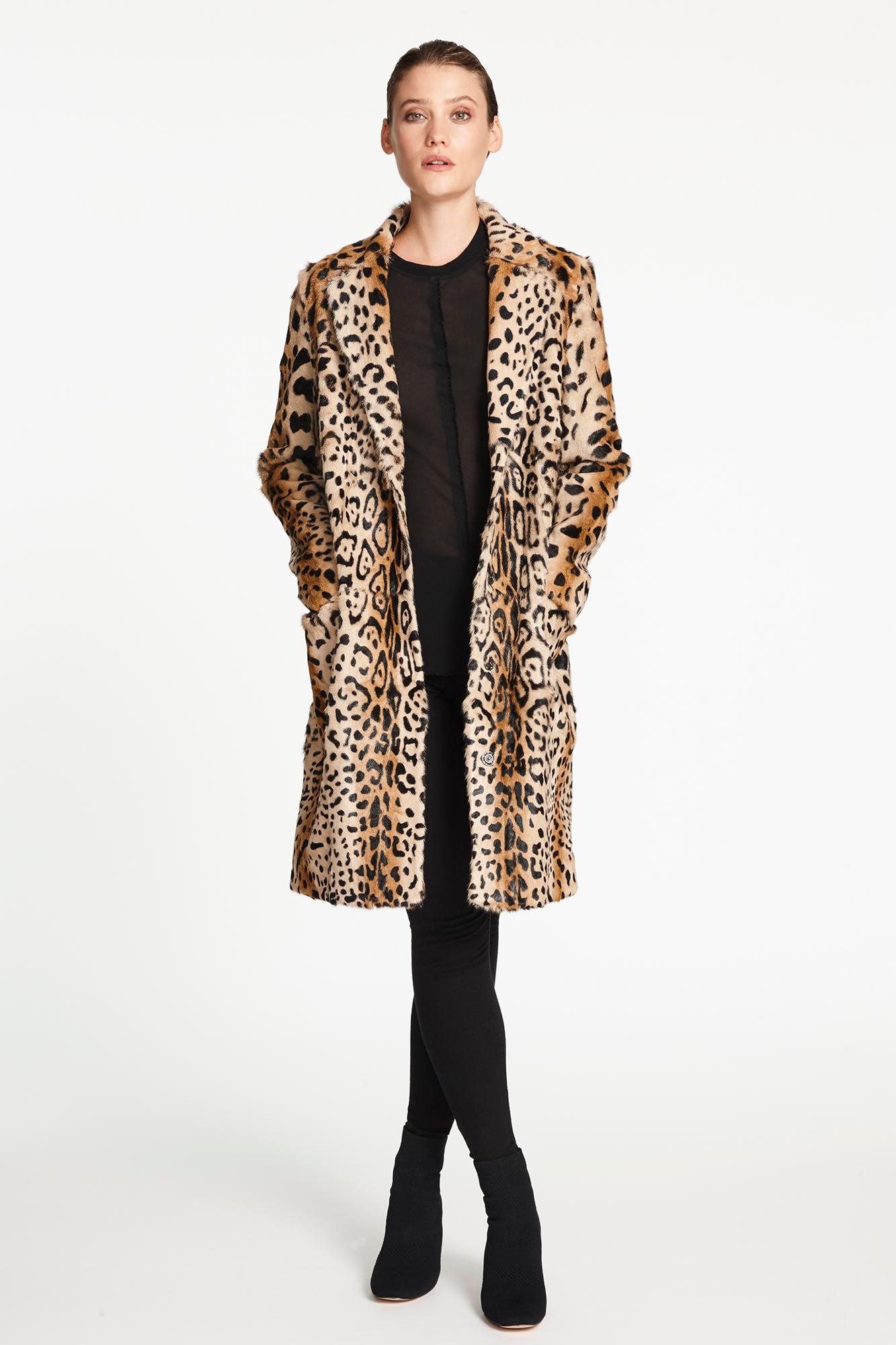Verheyen London Tintenblauer Mantel mit Leopardenmuster aus Ziegenhaarpelz UK 10  im Angebot 1