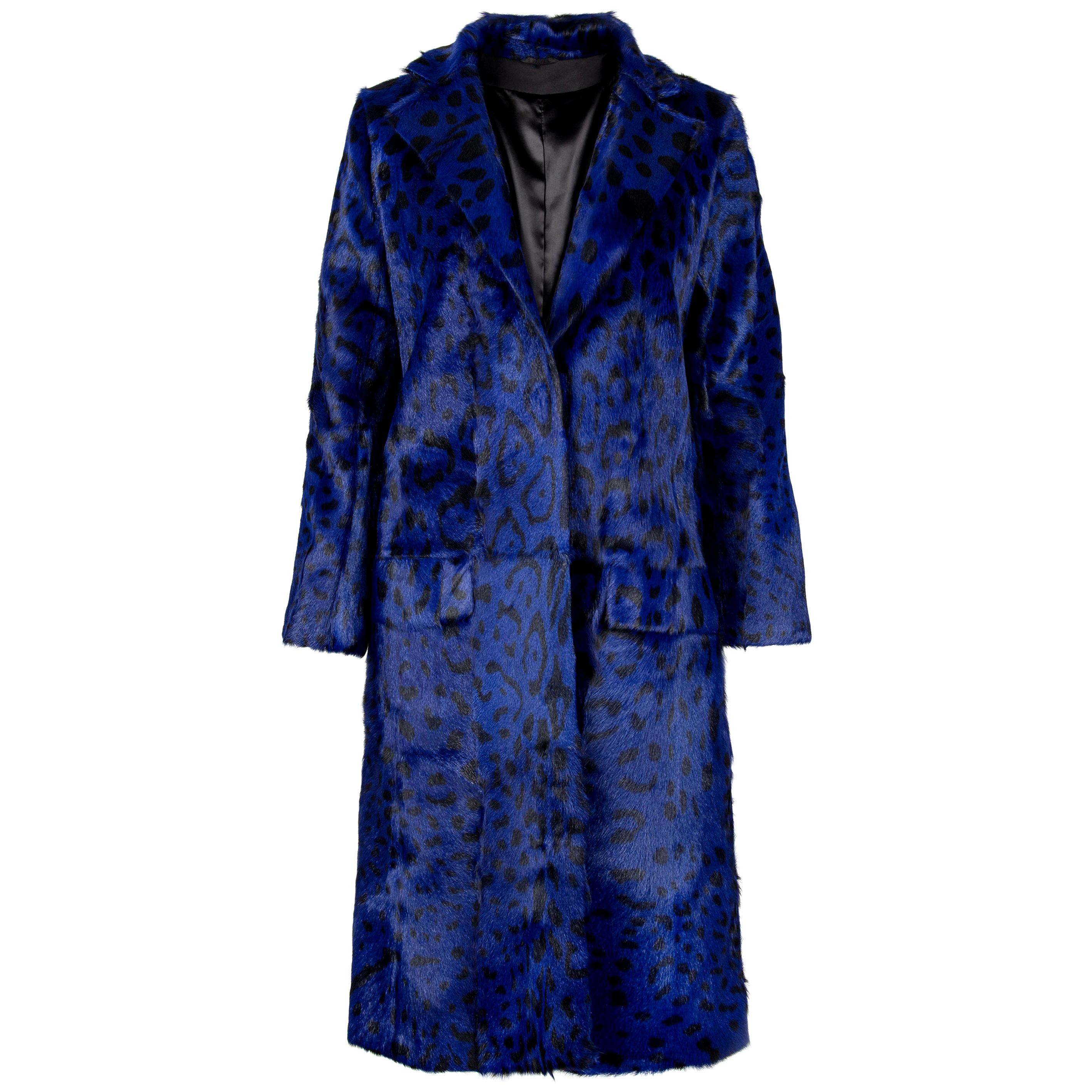 Verheyen London Ink Blue Leopard Print Coat in Goat Hair Fur UK 10 