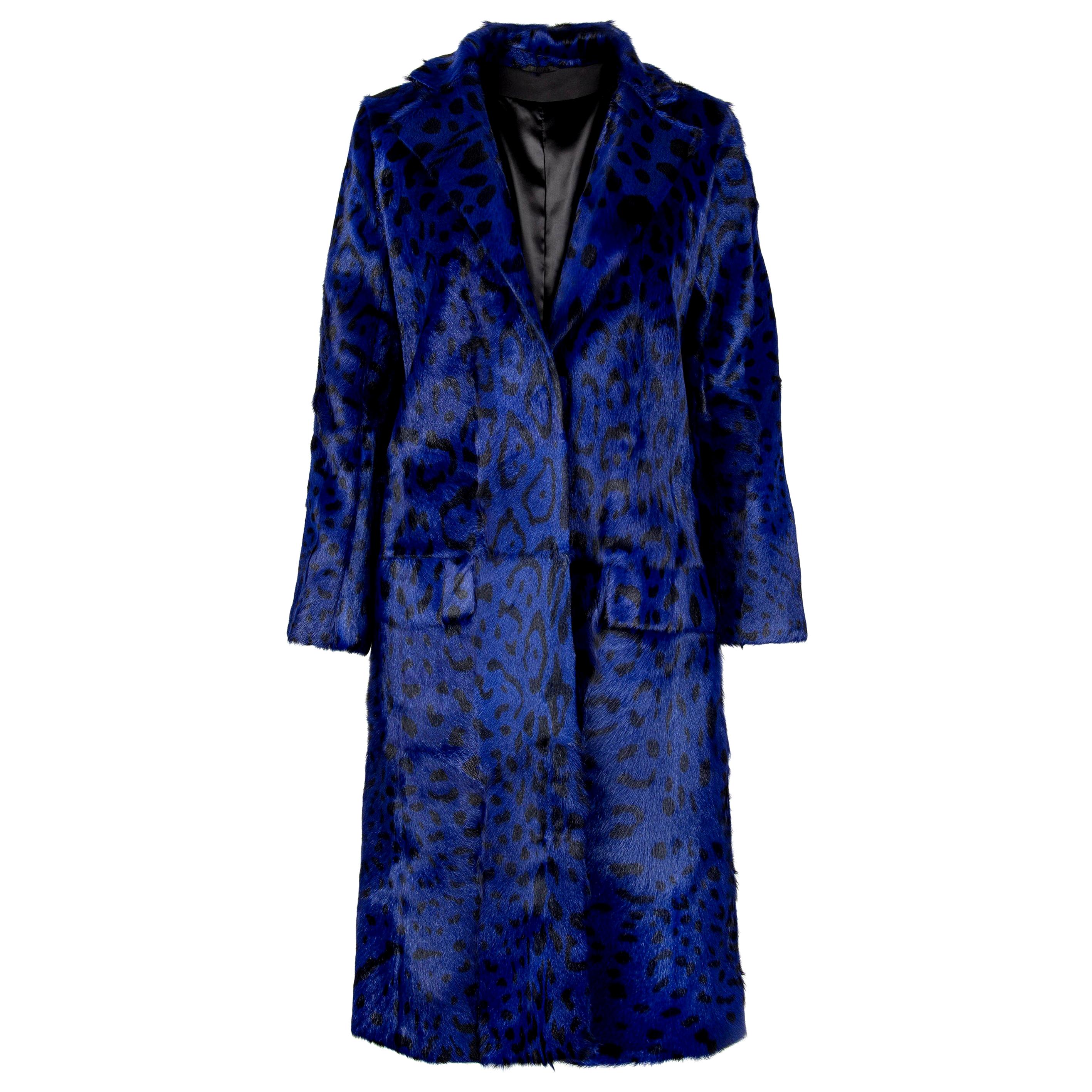 Verheyen London Ink Blue Leopard Print Coat in Goat Hair Fur UK 10 