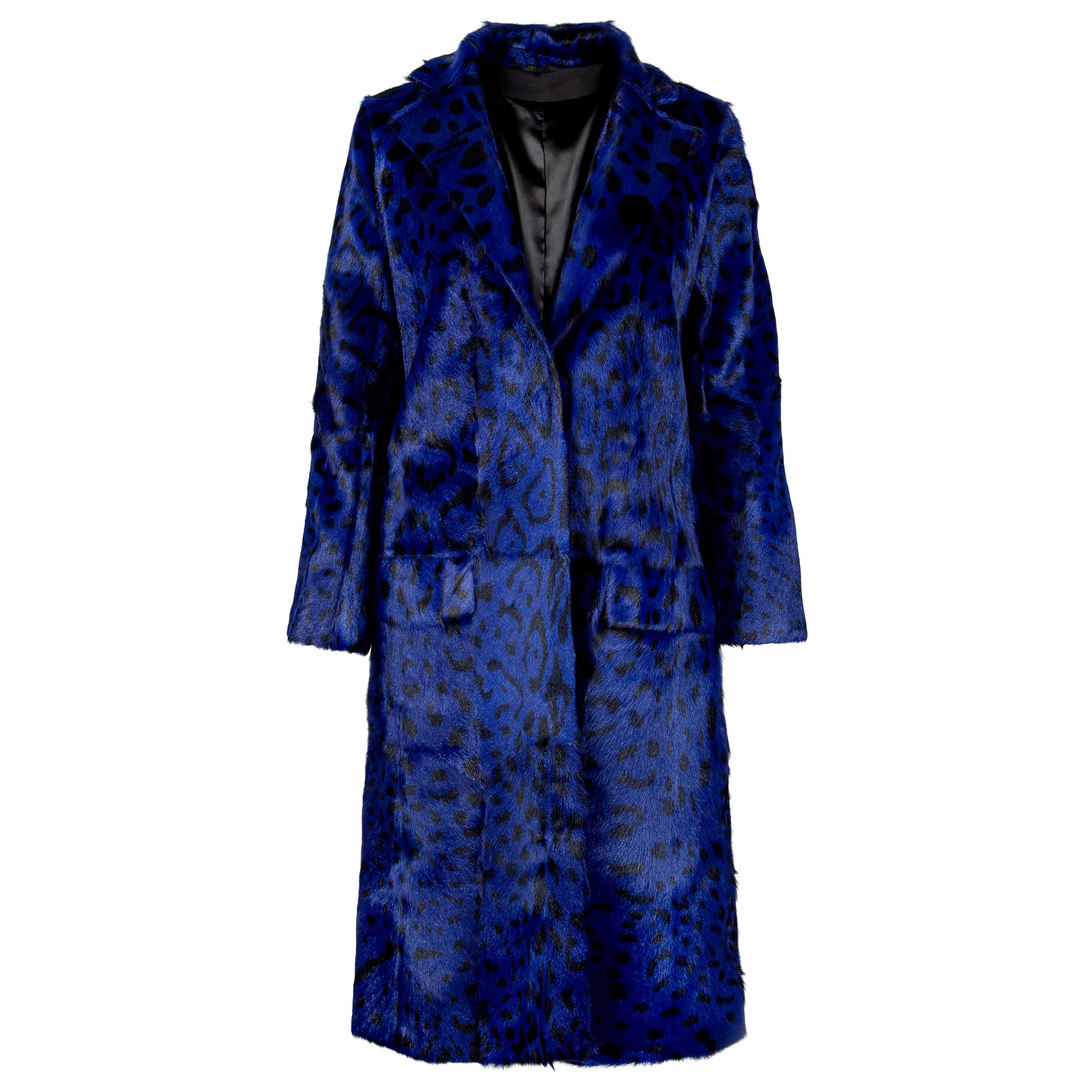 Verheyen London Ink Blue Leopard Print Coat in Goat Hair Fur UK 10 For Sale