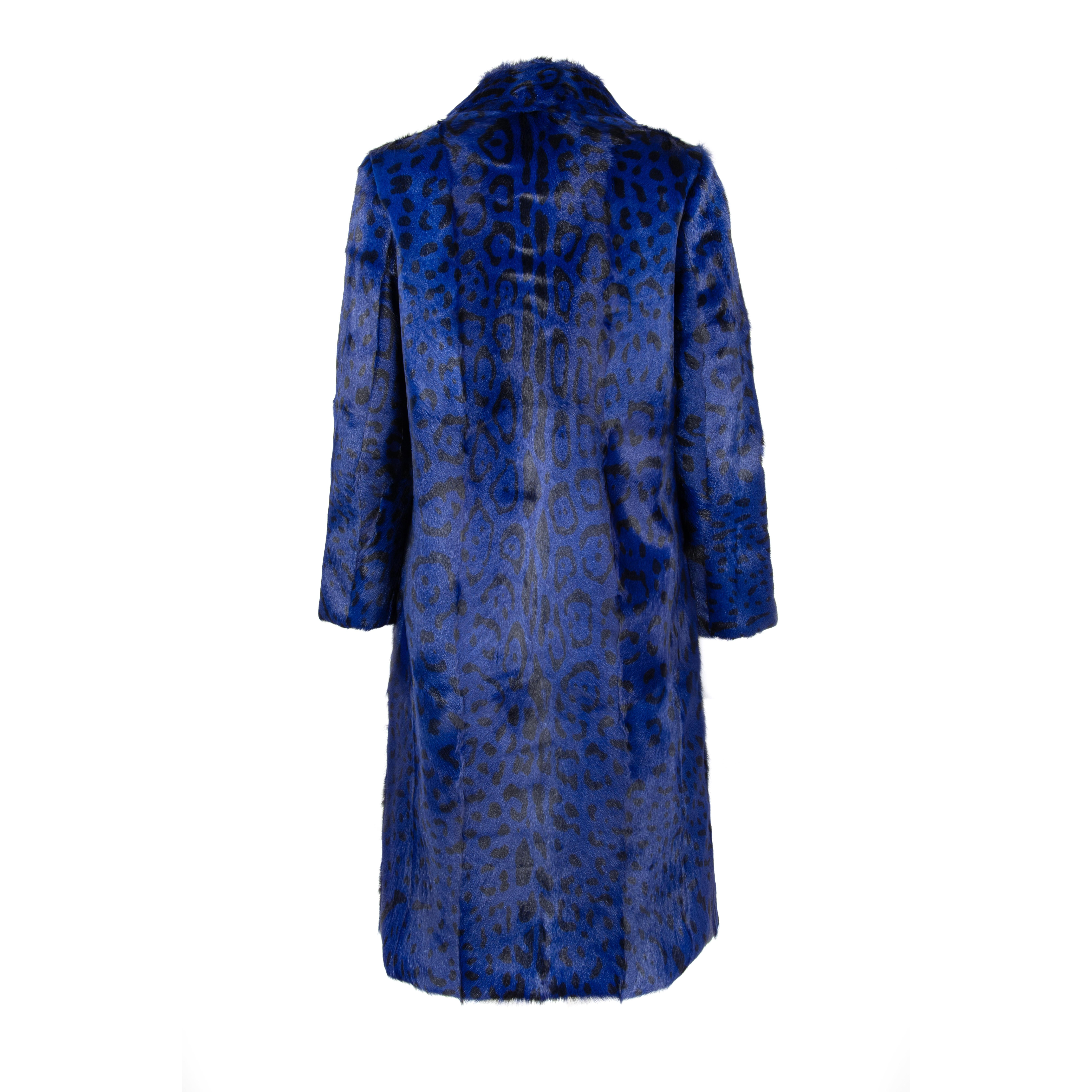 Women's Verheyen London Ink Blue Leopard Print Coat in Goat Hair Fur UK 8 - Brand New  For Sale