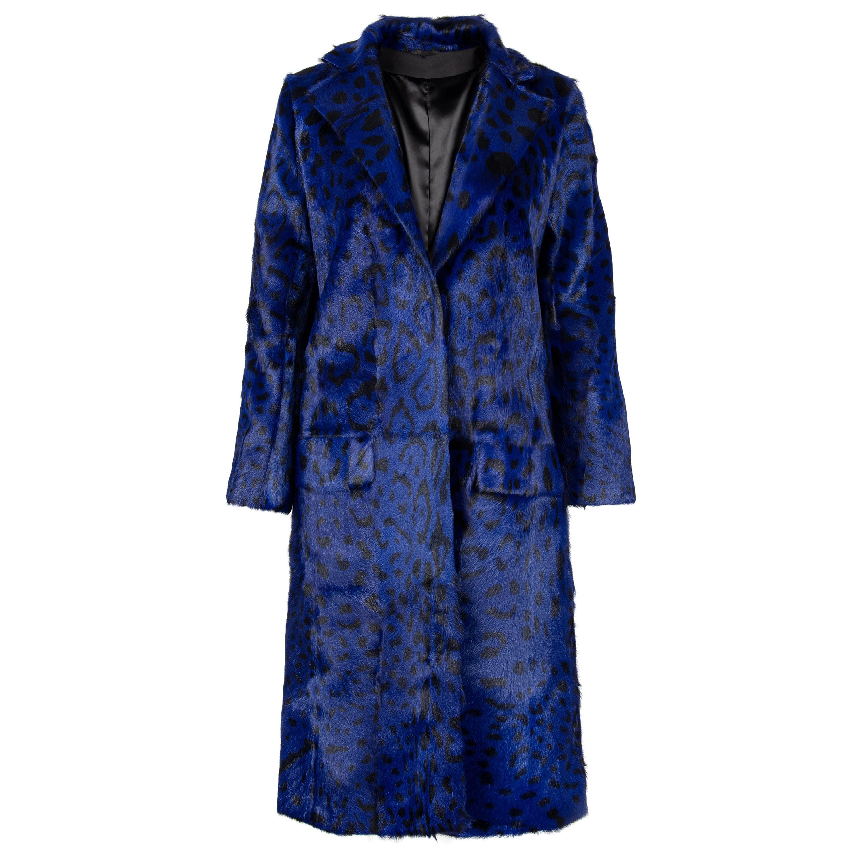 Verheyen London Ink Blue Leopard Print Coat in Goat Hair Fur UK 8 - Brand New 