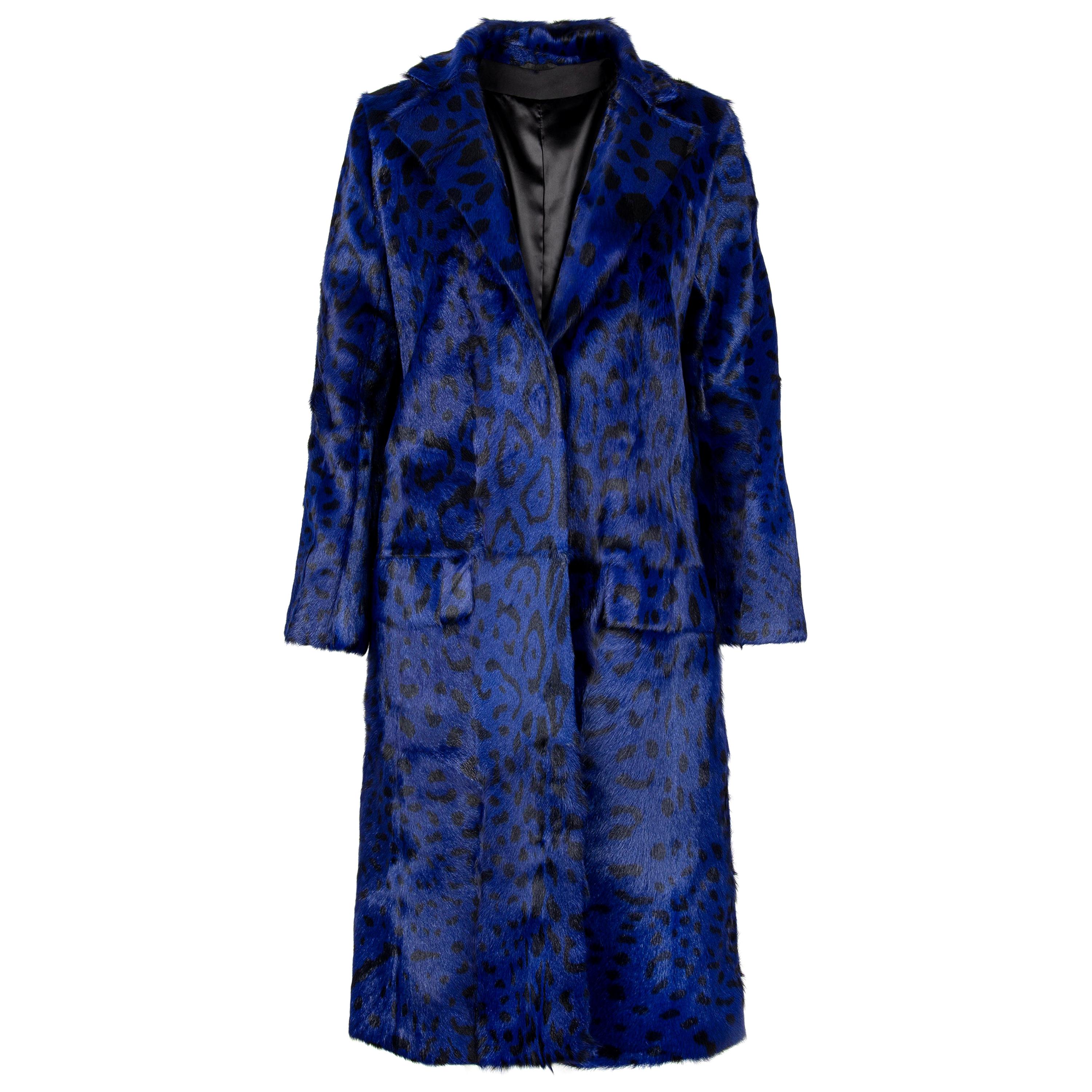 Verheyen London Ink Blue Leopard Print Coat in Goat Hair Fur UK 8  For Sale