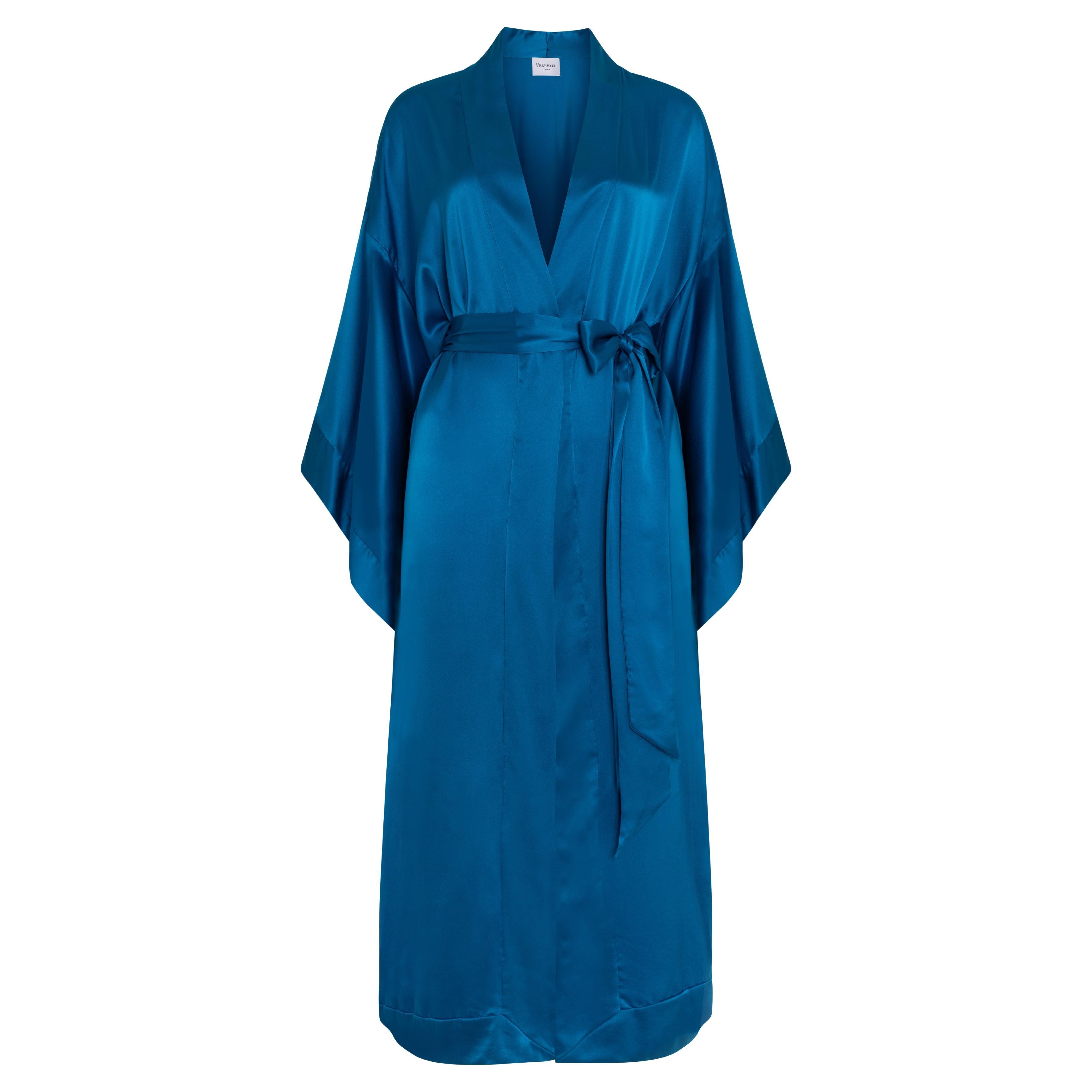 Verheyen London Kimono dress in Turquoise Blue Italian Silk Satin - One Size