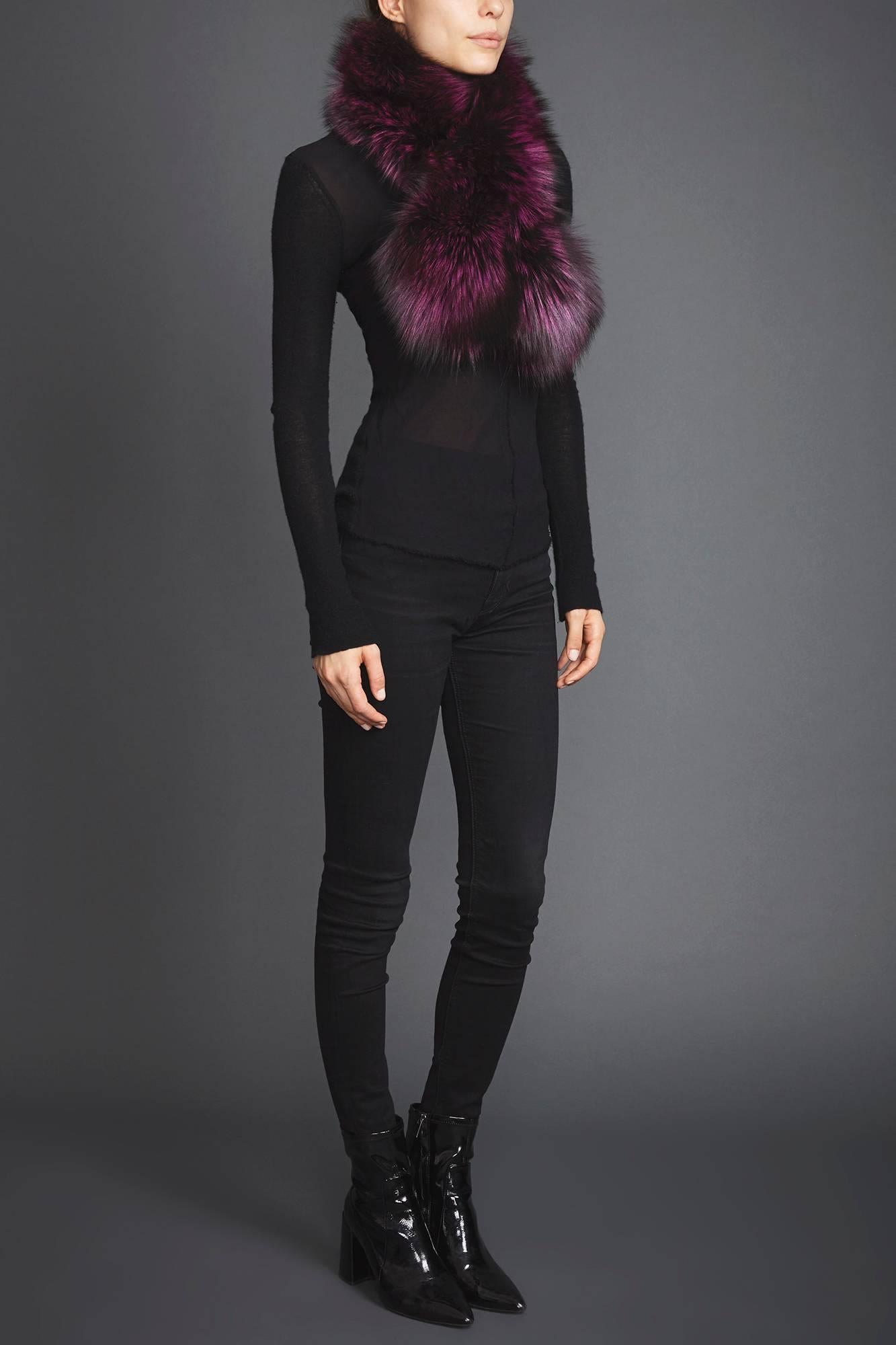 Black Verheyen London Lapel Cross-through Collar Stole in Purple Fox Fur - Brand New