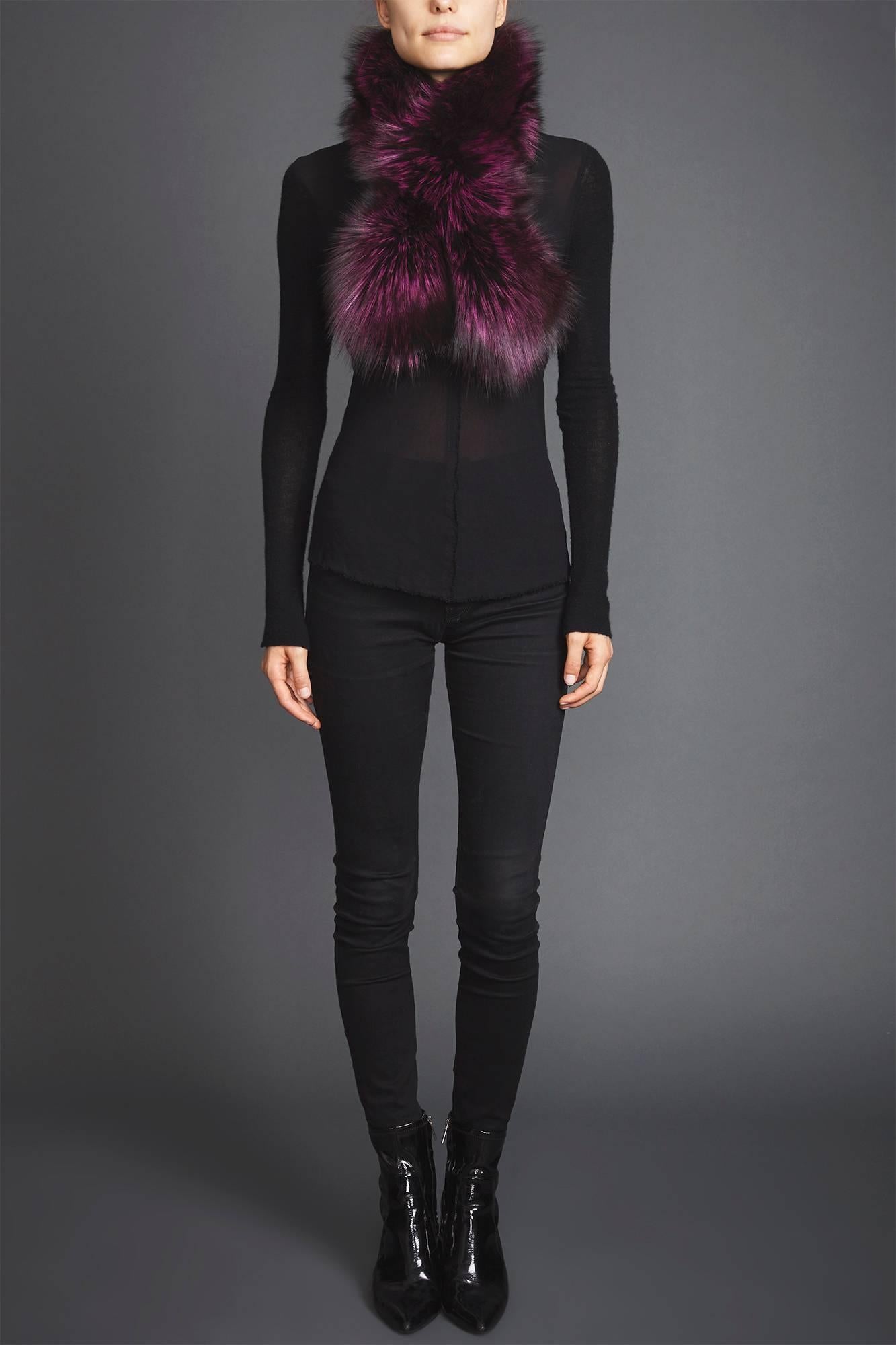 Verheyen London Lapel Cross-through Collar Stole in Purple Fox Fur 

The Lapel Cross-through Collar is Verheyen London’s casual everyday design, which is perfectly shaped to wear over any outfit.  Designed for layering, this structured shape,