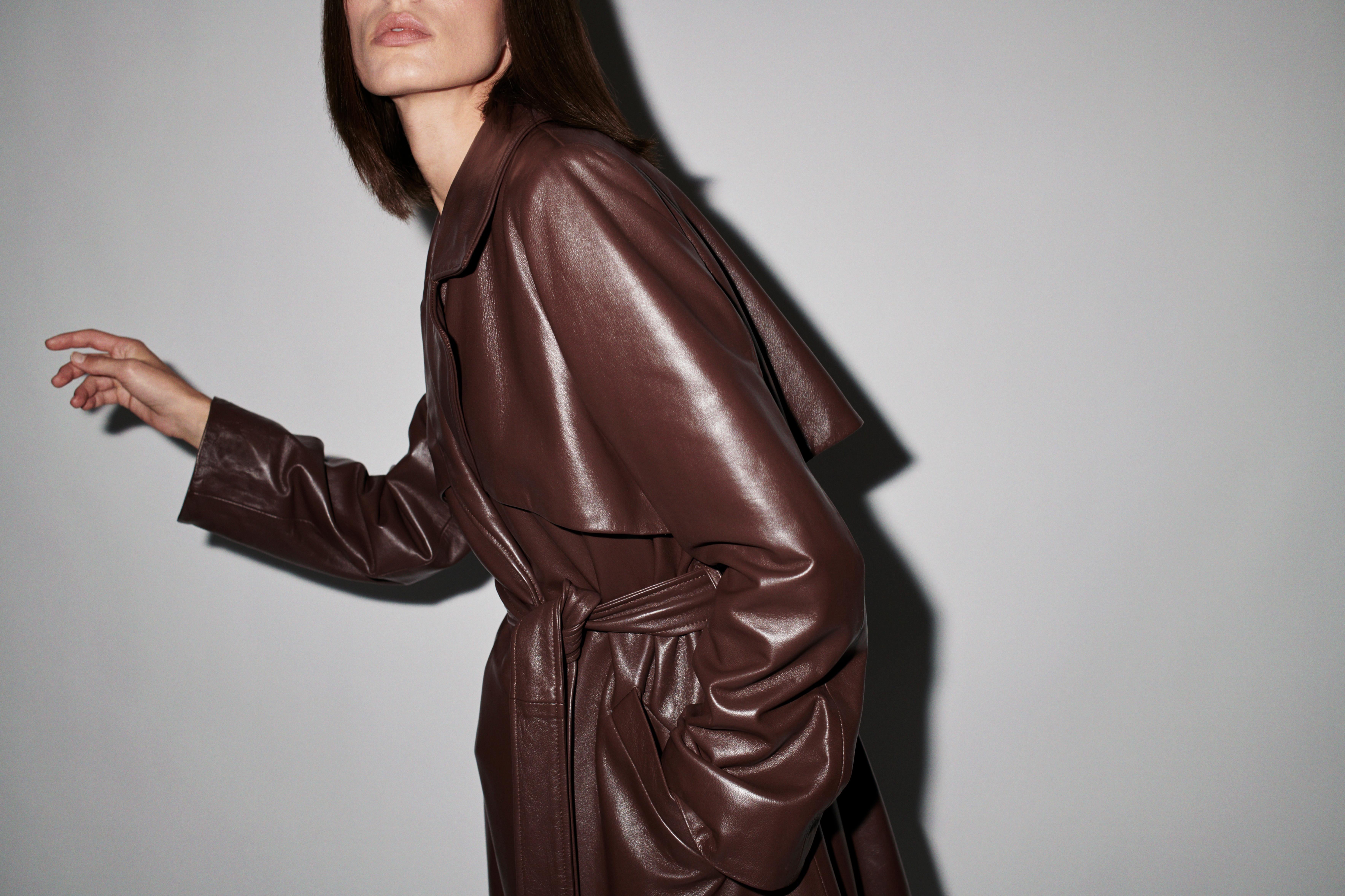 chocolate brown leather trench coat
