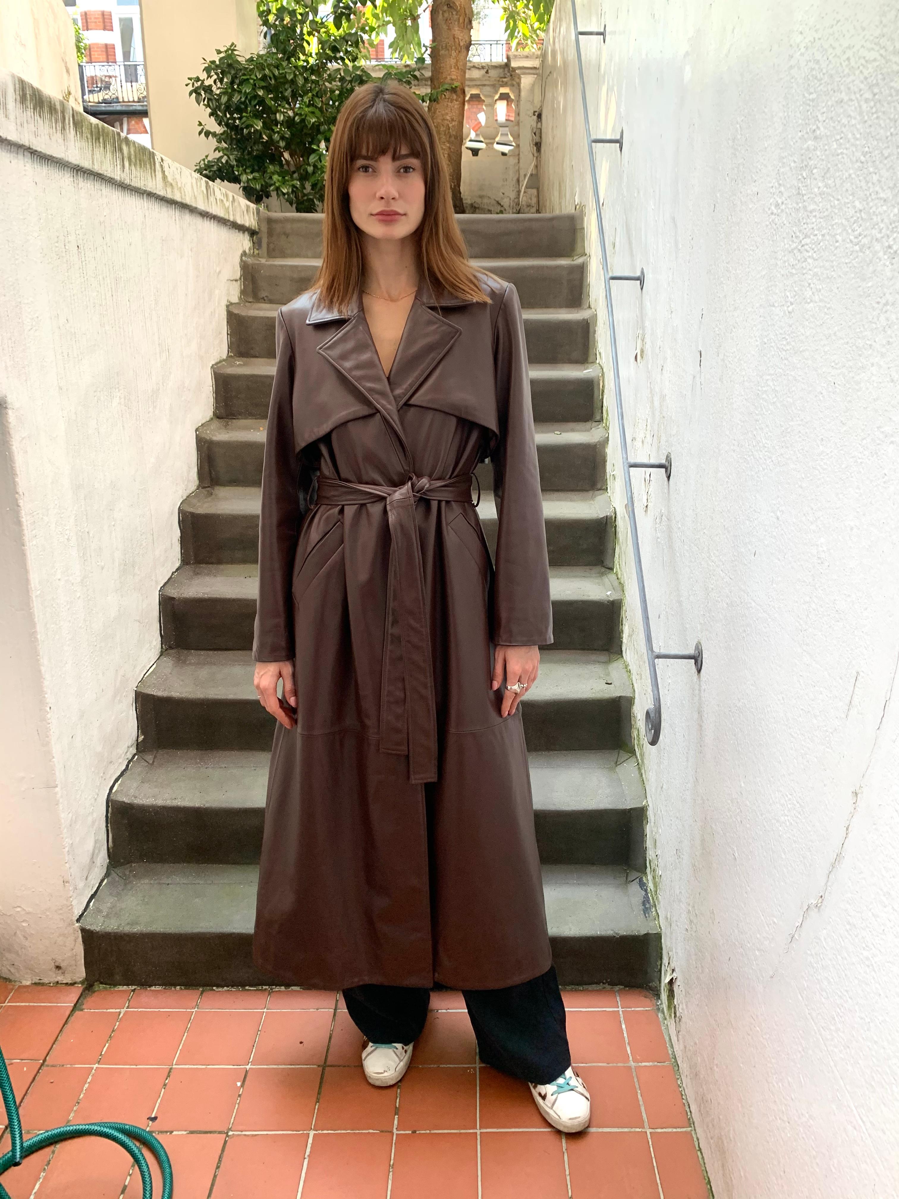 Black Verheyen London Leather Trench Coat in Chocolate Brown - Size uk 12 For Sale