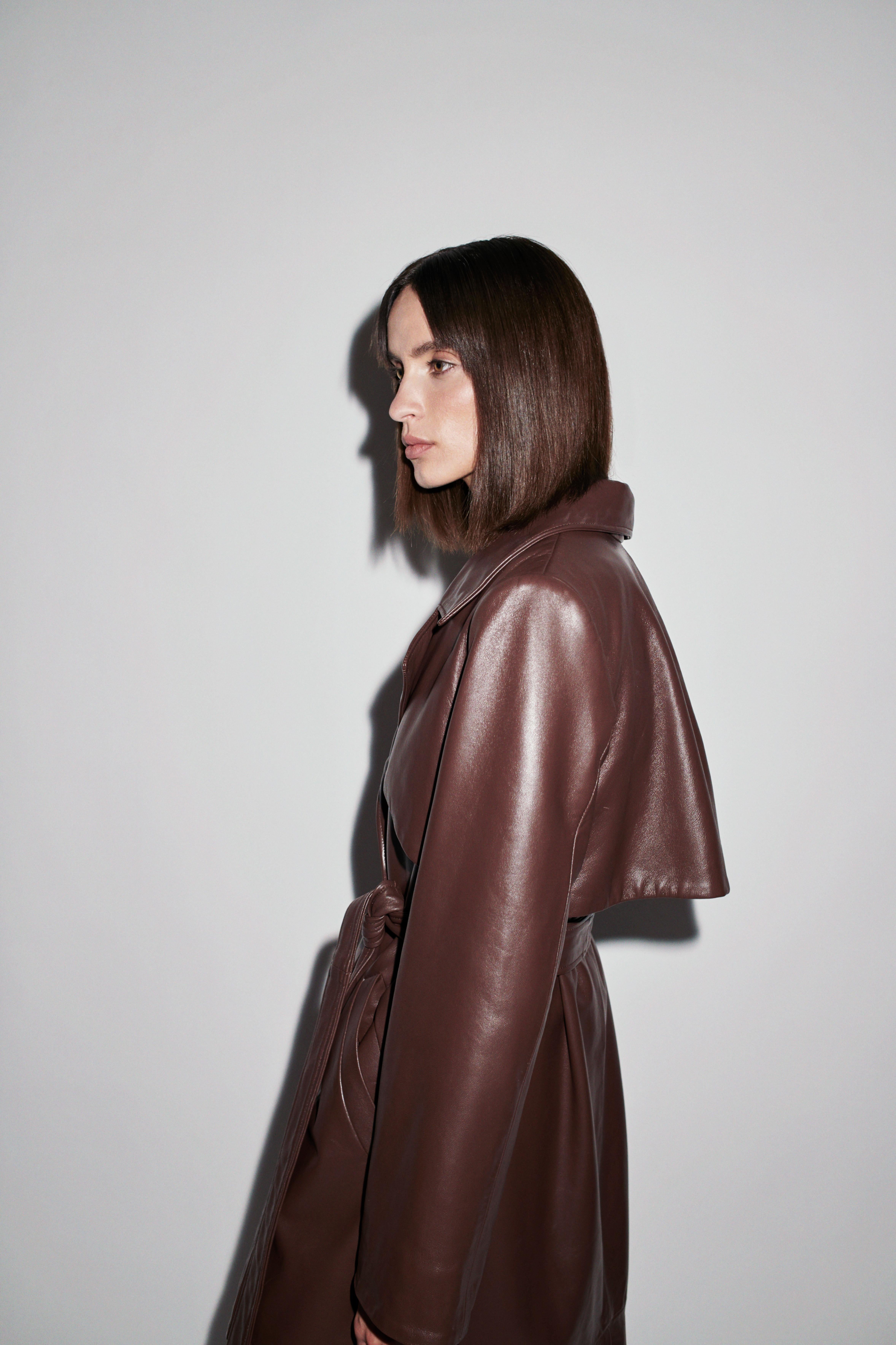 chocolate brown leather trench coat
