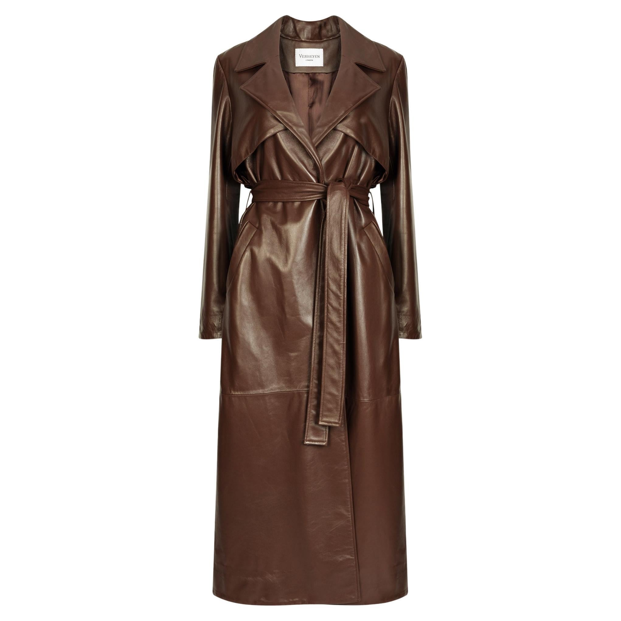 Trench-coat en cuir Verheyen London en brun chocolat - Taille UK 8 en vente