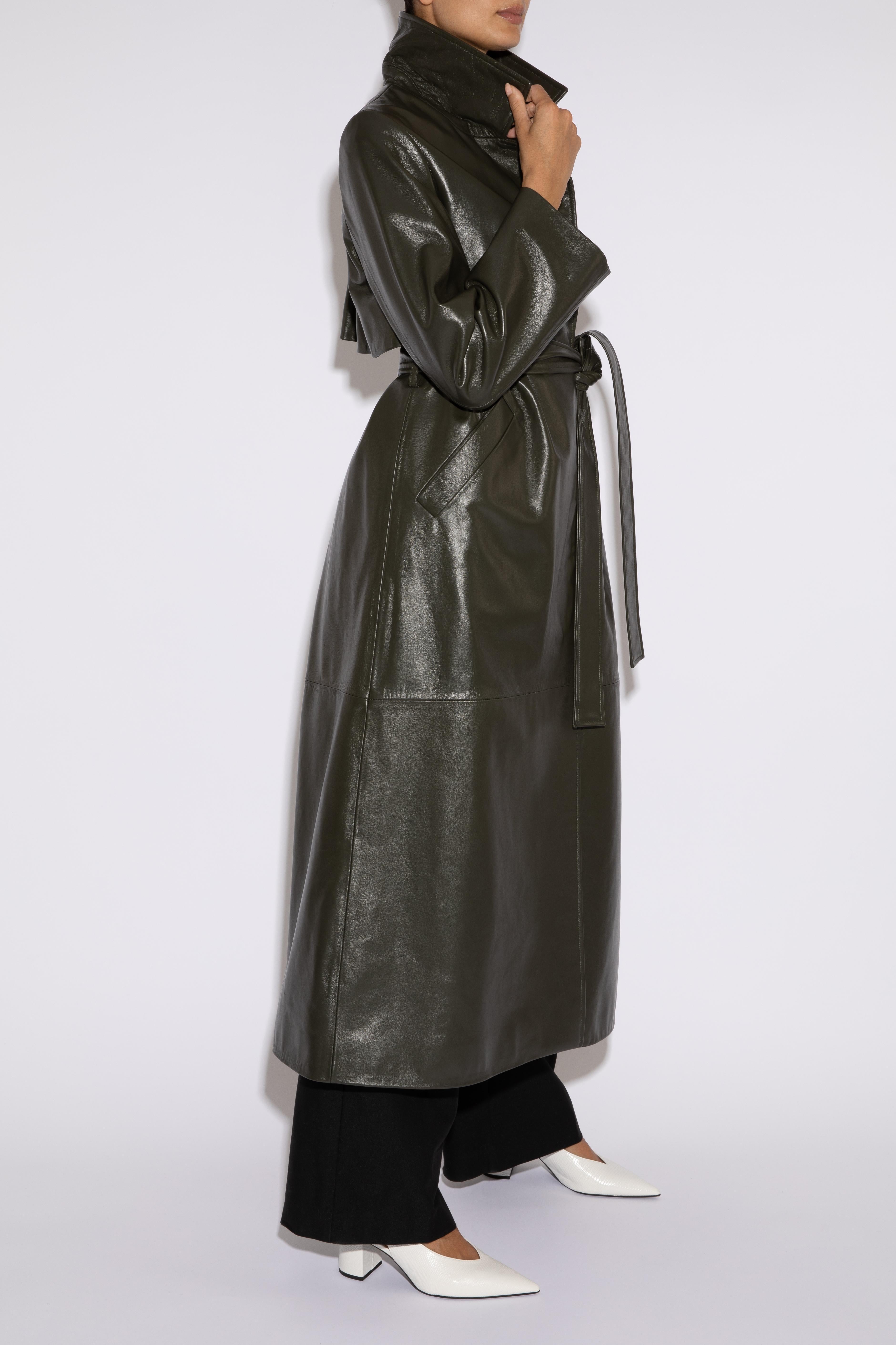 Women's Verheyen London Leather Trench Coat in Dark Khaki Green - Size uk 12 For Sale
