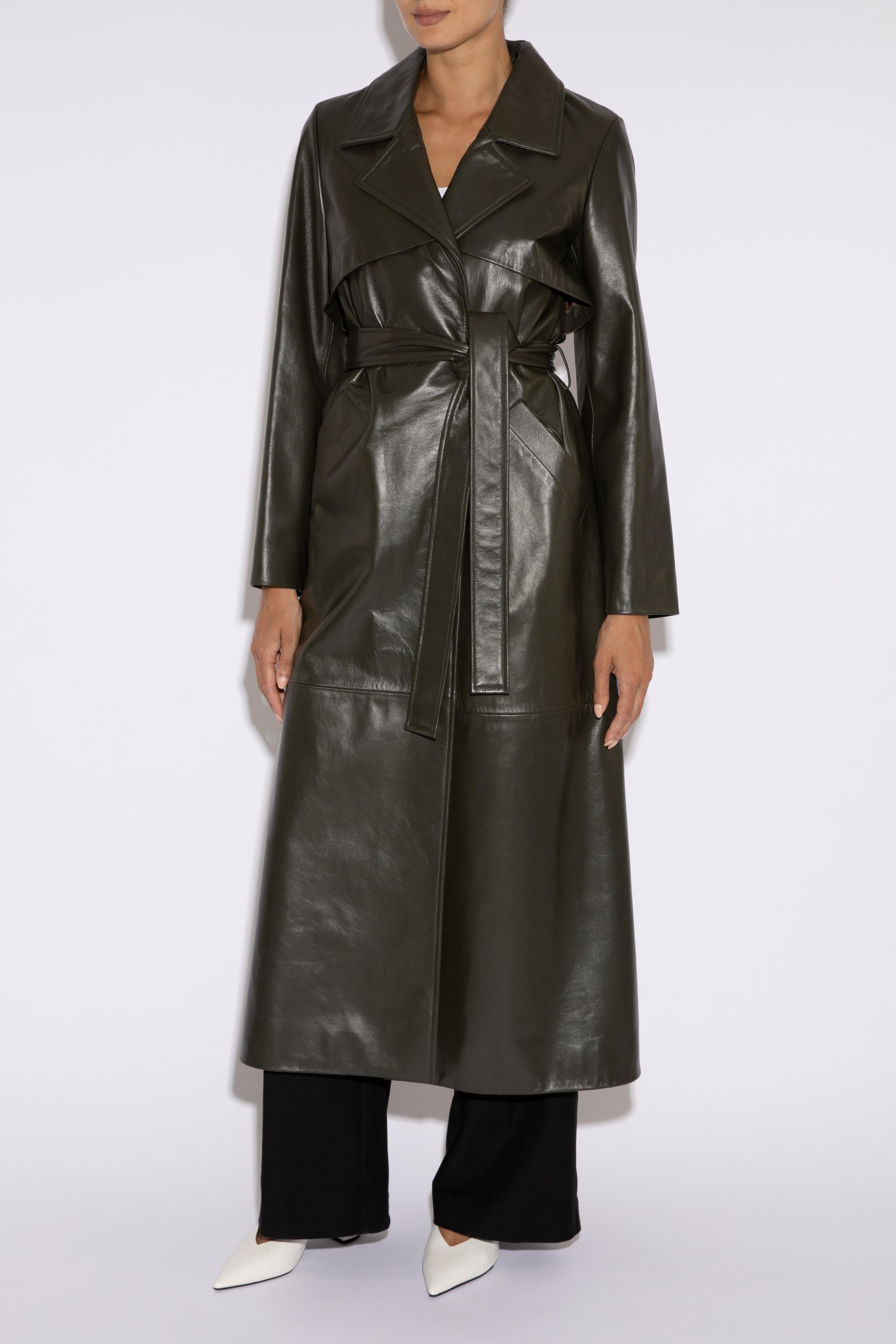 Women's Verheyen London Leather Trench Coat in Dark Khaki Green - Size uk 14 For Sale