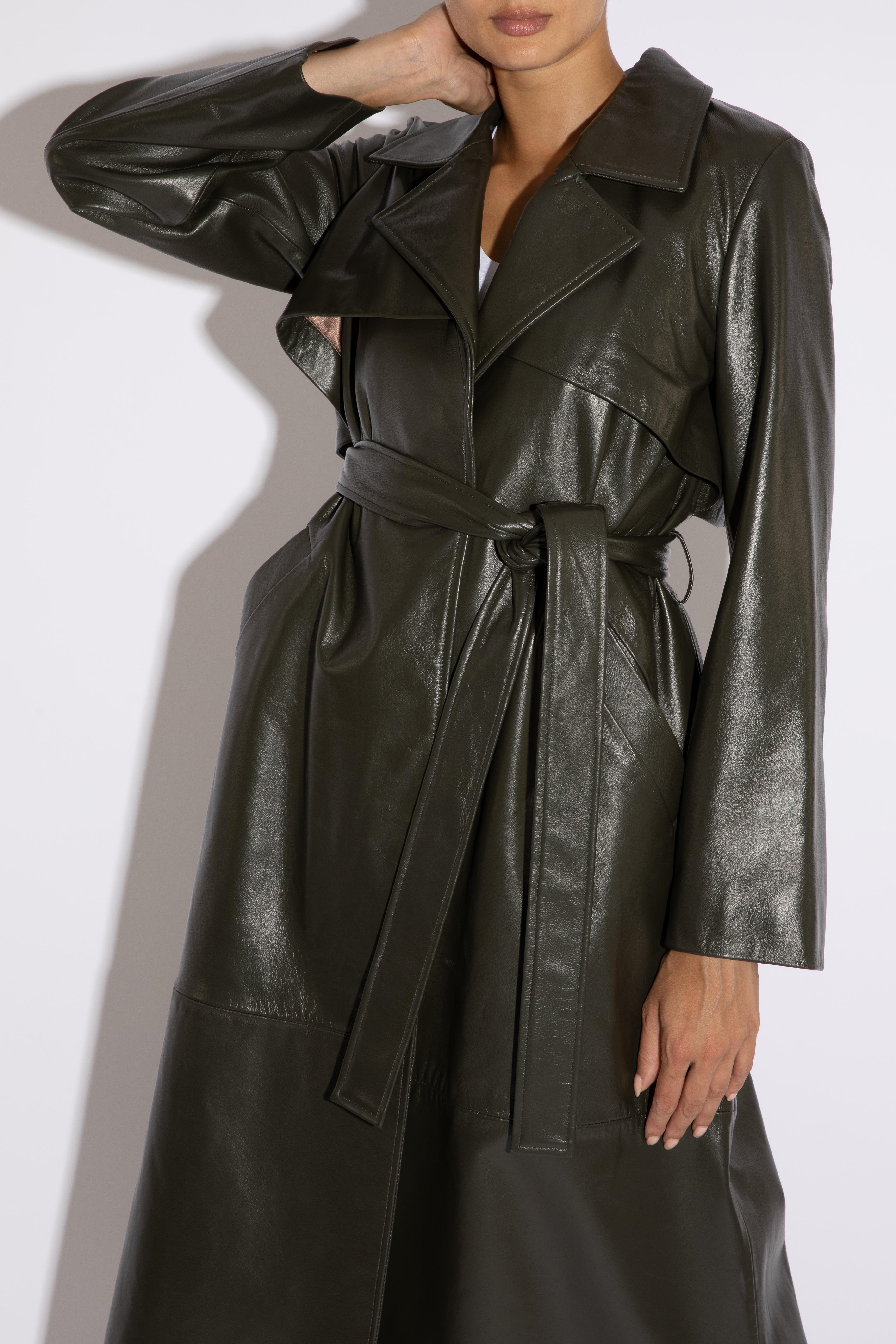 dark green leather trench coat