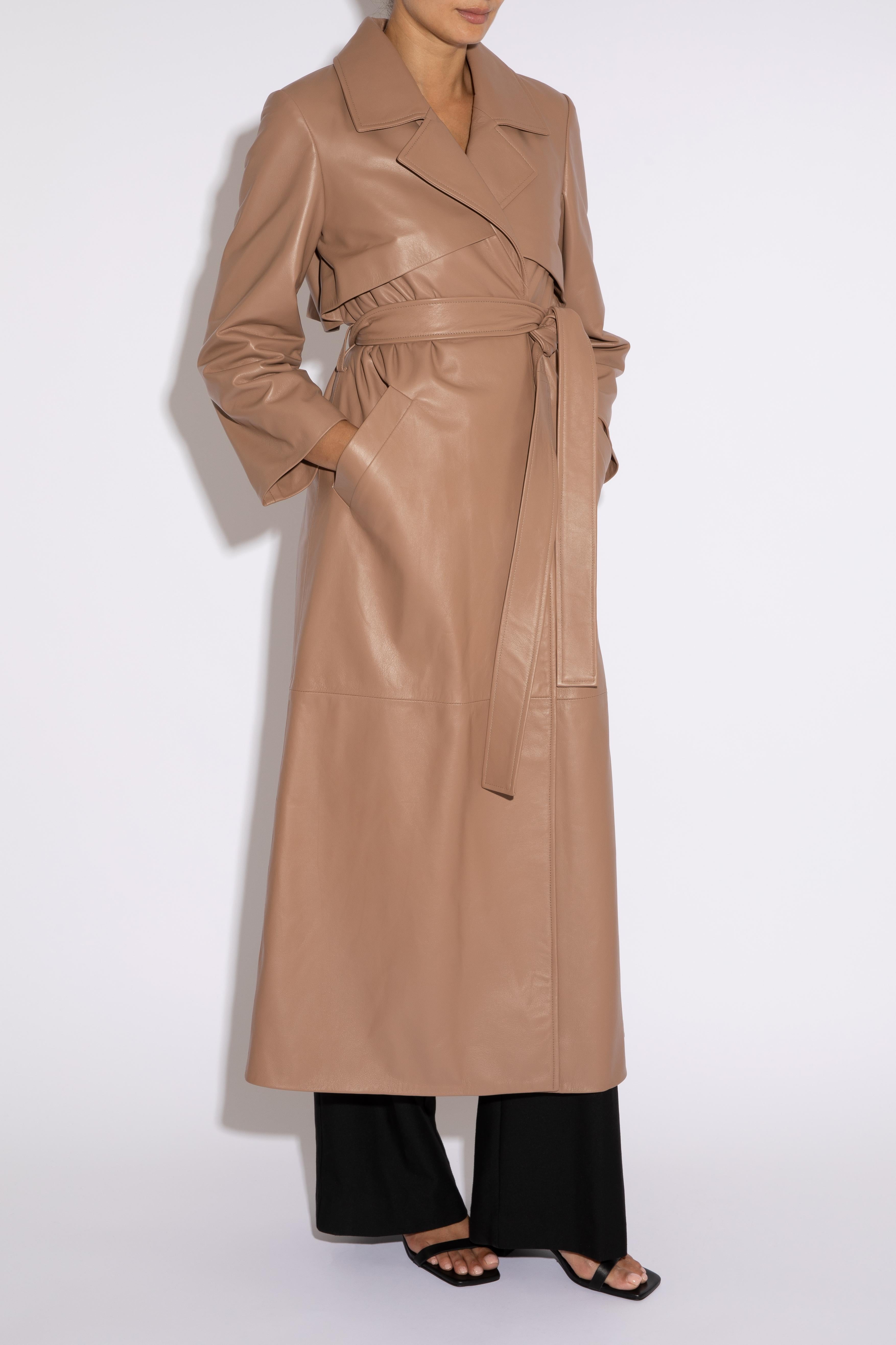 Women's Verheyen London Leather Trench Coat in Taupe Brown - Size uk 6 For Sale