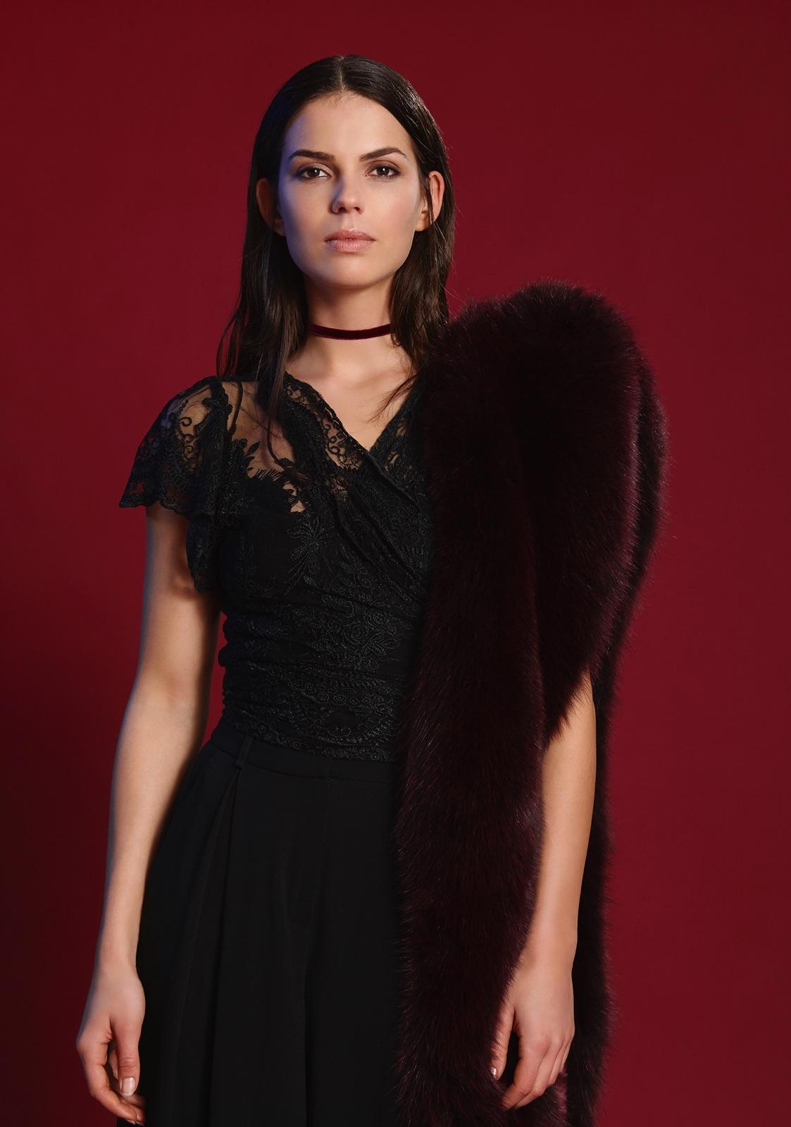 Black Verheyen London Legacy Stole in Garnet Burgundy Fox Fur & Silk Lining - Gift
