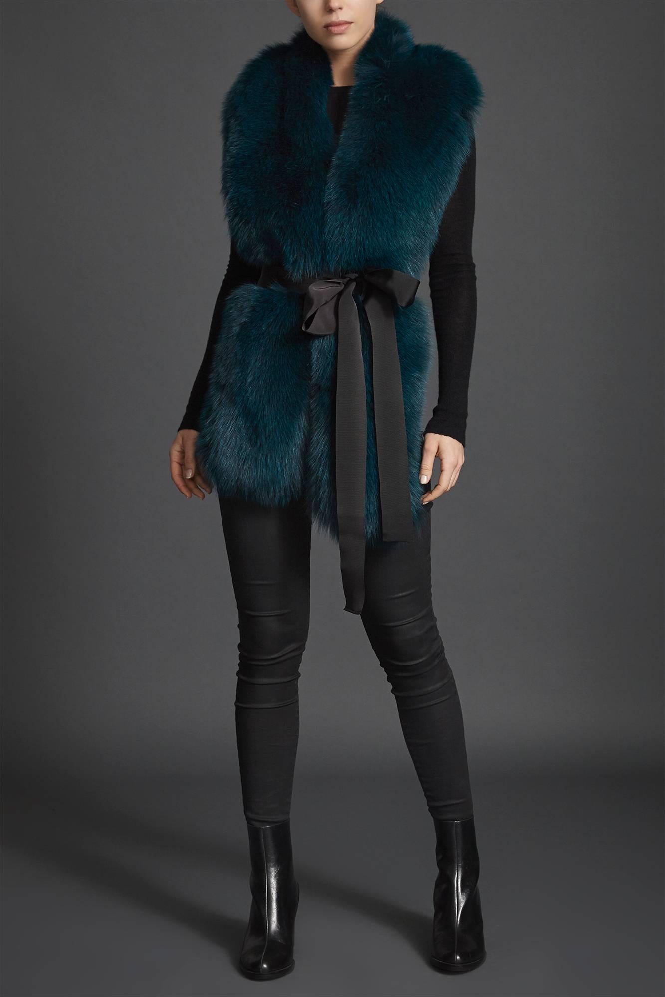 Black Verheyen London Legacy Stole in Jade Fox Fur & Silk Lining - Brand New 