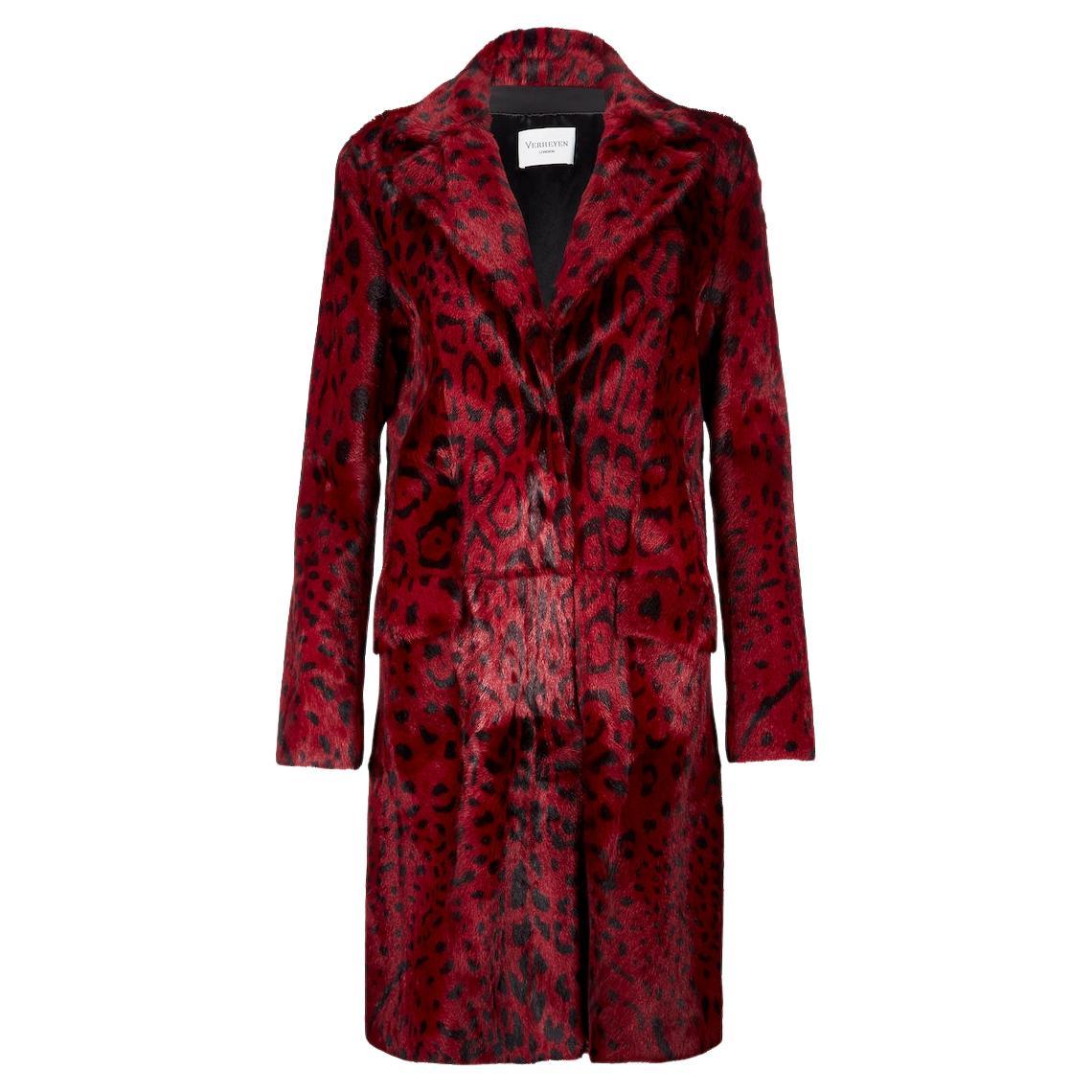 Verheyen London Leopard Print Coat in Burgundy Red Goat Hair Fur UK 10