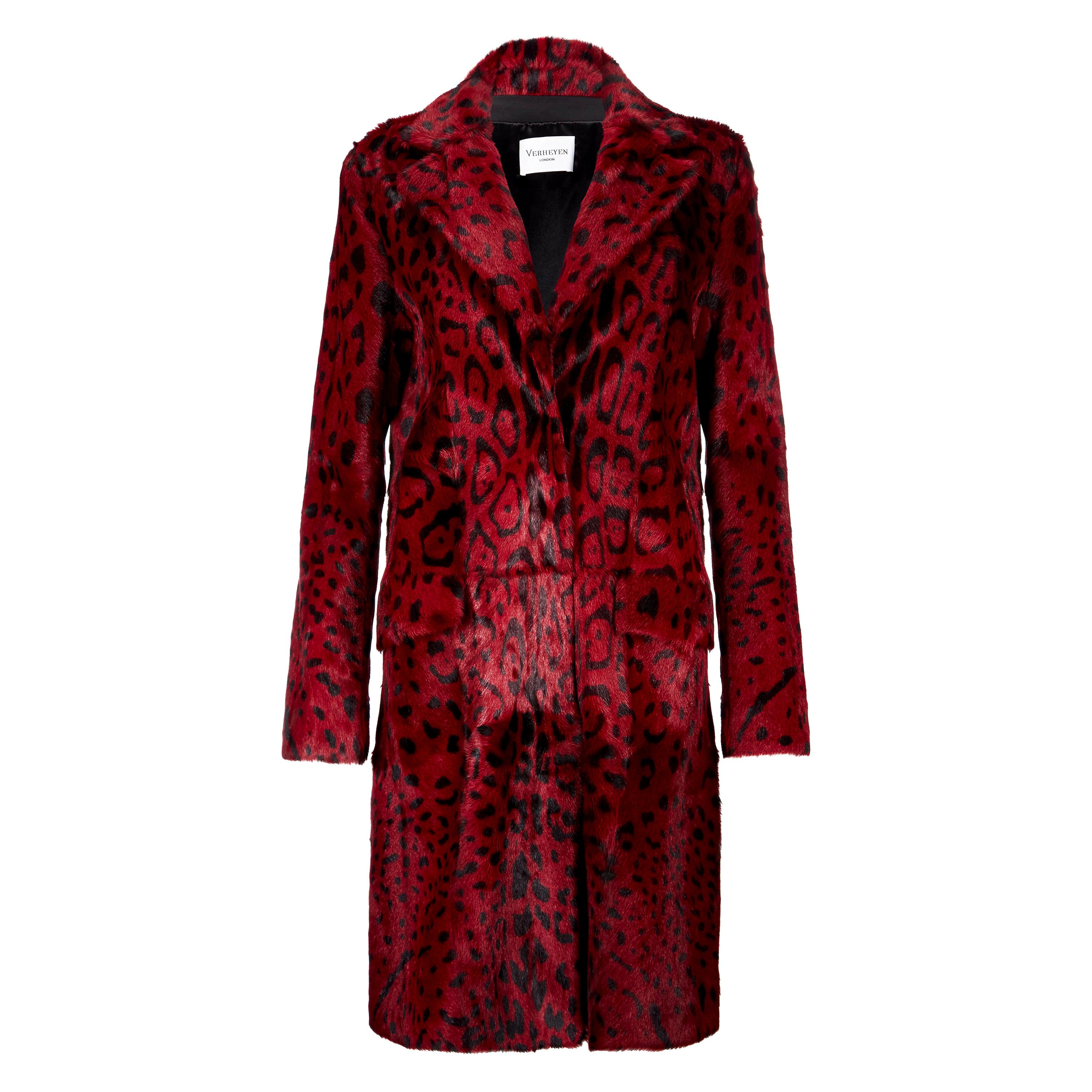Verheyen London - Manteau imprimé léopard en fourrure de chèvre rouge rubis GB 10 - Neuf 