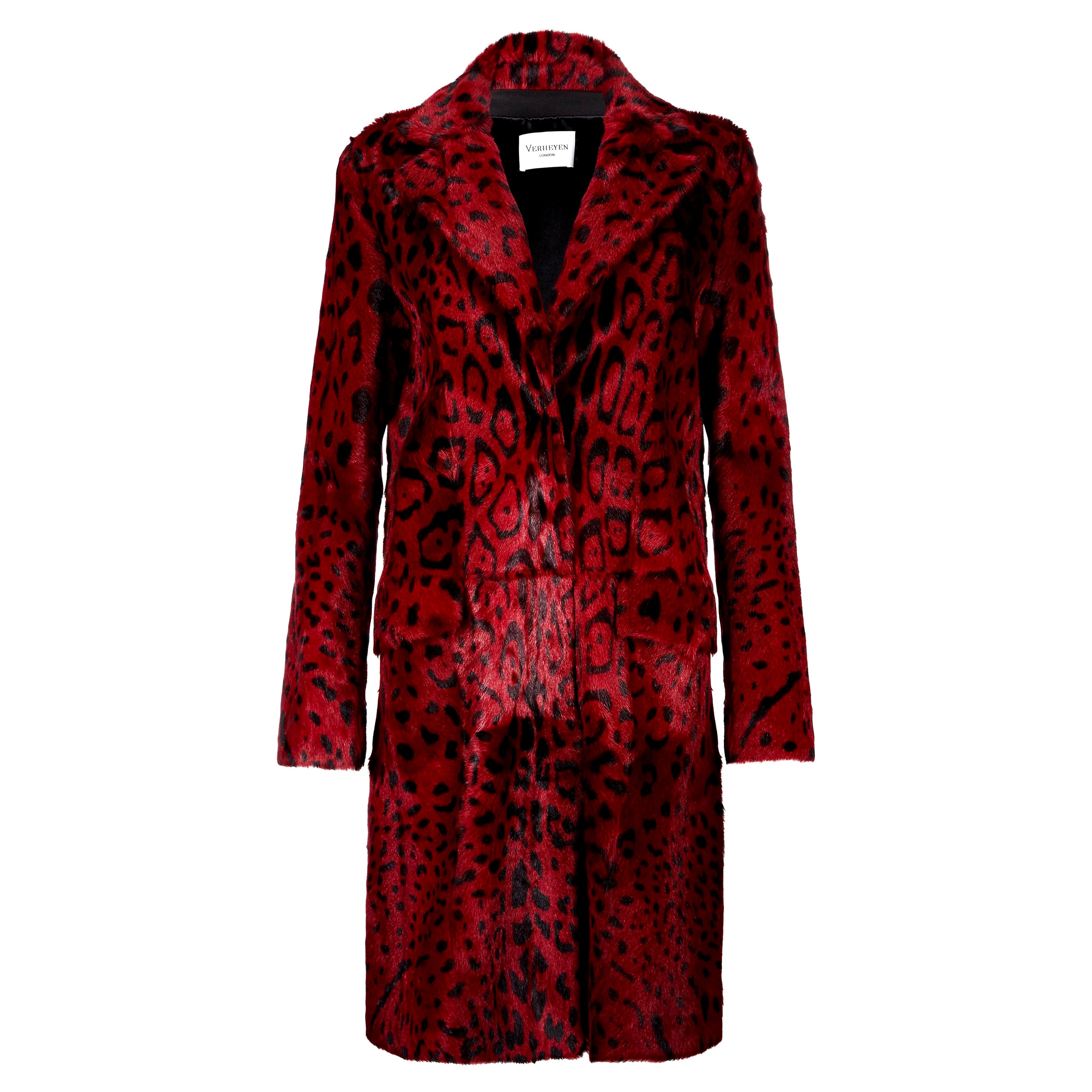 Verheyen London - Manteau imprimé léopard en fourrure de chèvre rouge rubis GB 10 en vente
