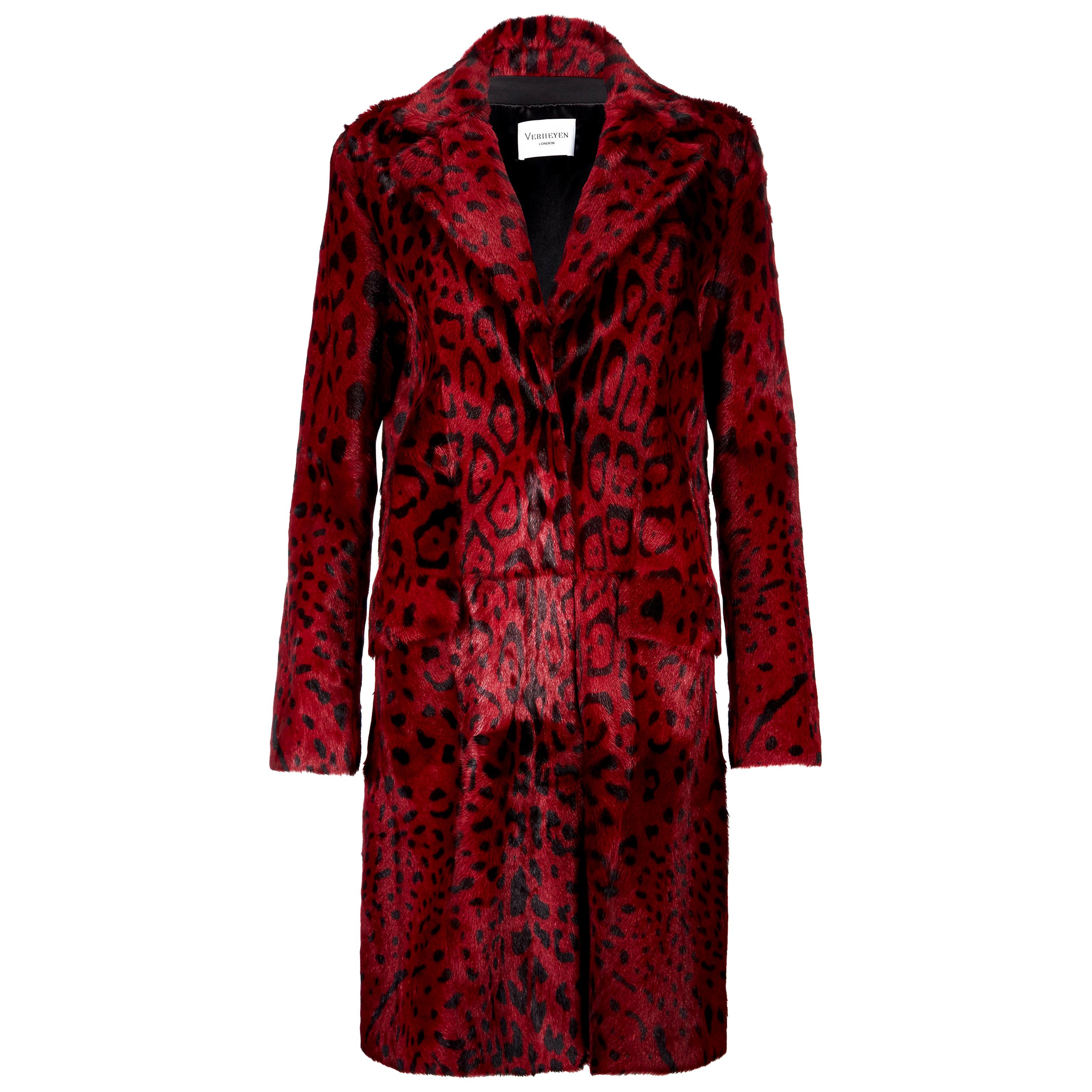 Verheyen London Abrigo con estampado de leopardo en pelo de cabra rojo rubí UK 12  - Nuevo en venta