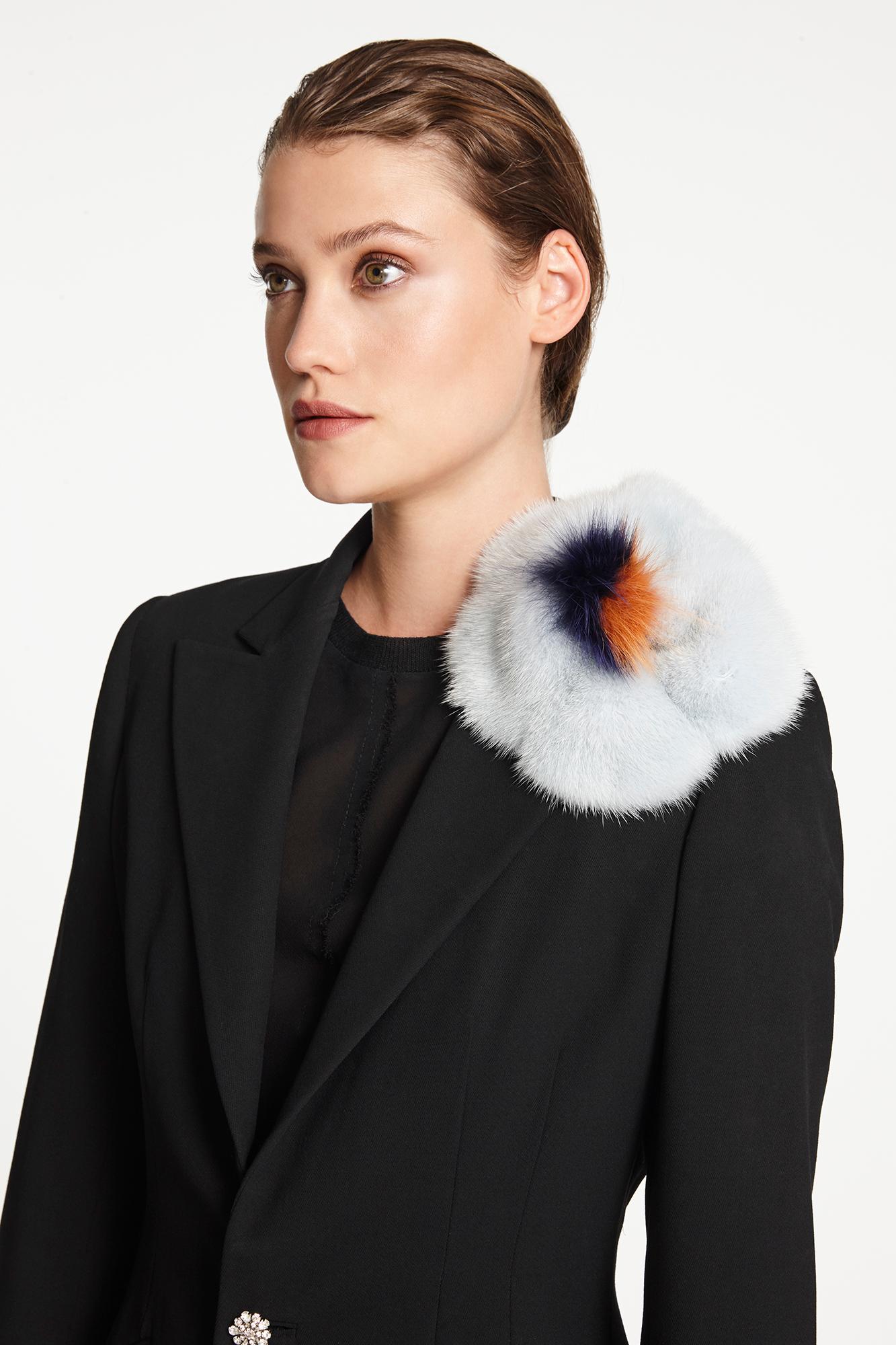 Women's or Men's Verheyen London Mink Fur Flower Brooch in Iced Topaz Blue - Brand New