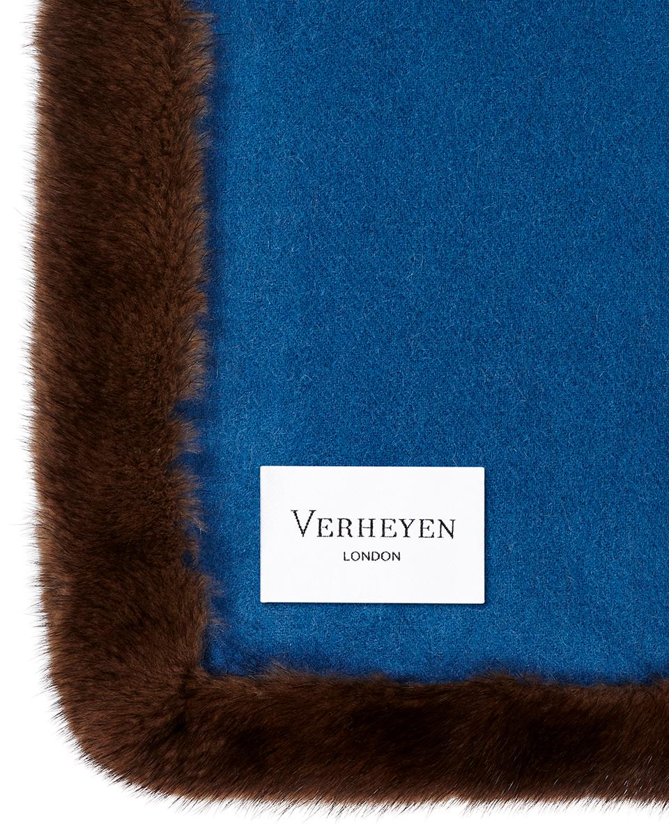 Women's or Men's Verheyen London Mink Fur Trimmed 100% Cashmere Scarf in Blue & Brown - Brand New