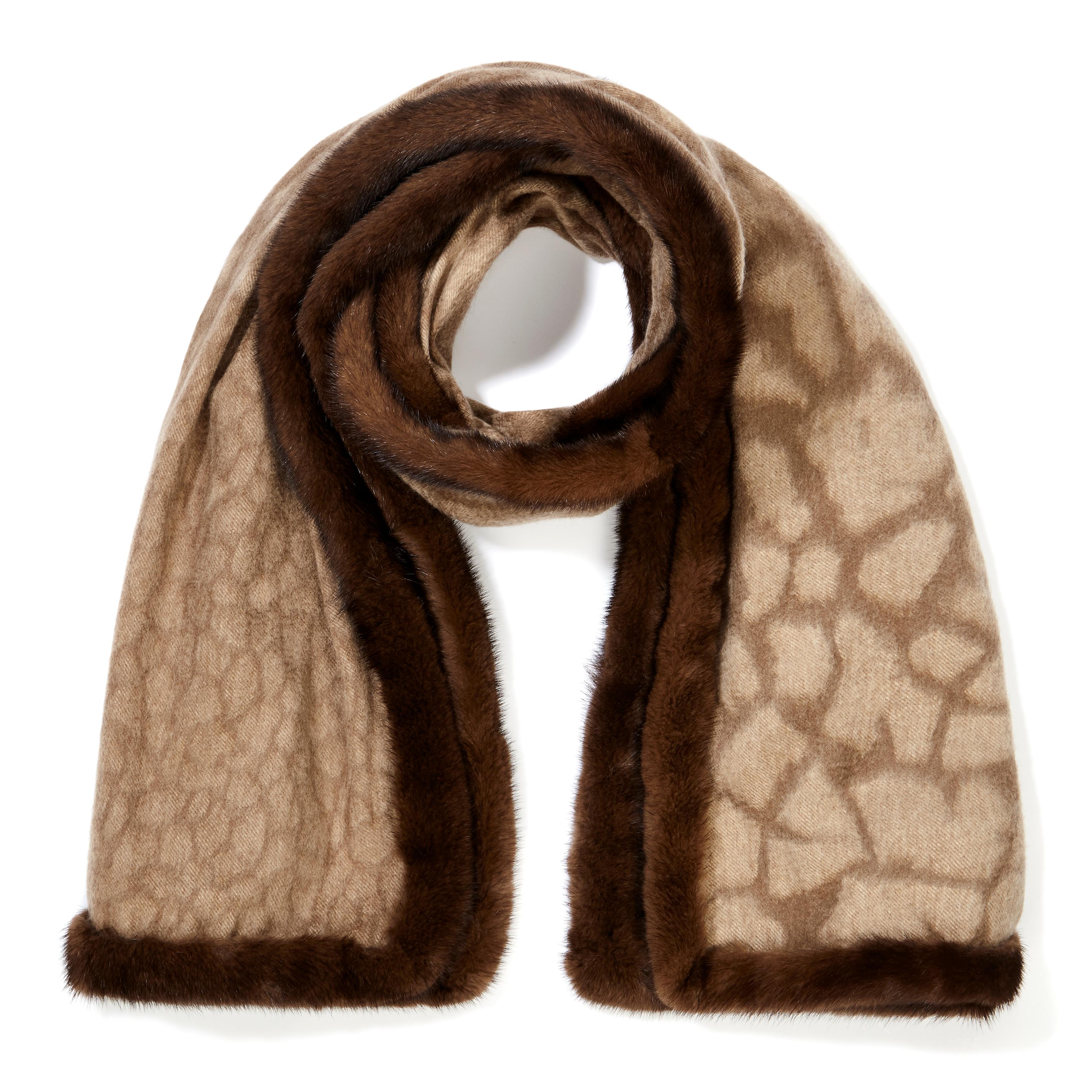 Verheyen London Mink Fur Trimmed Cashmere Scarf in Brown Leopard  For Sale 1