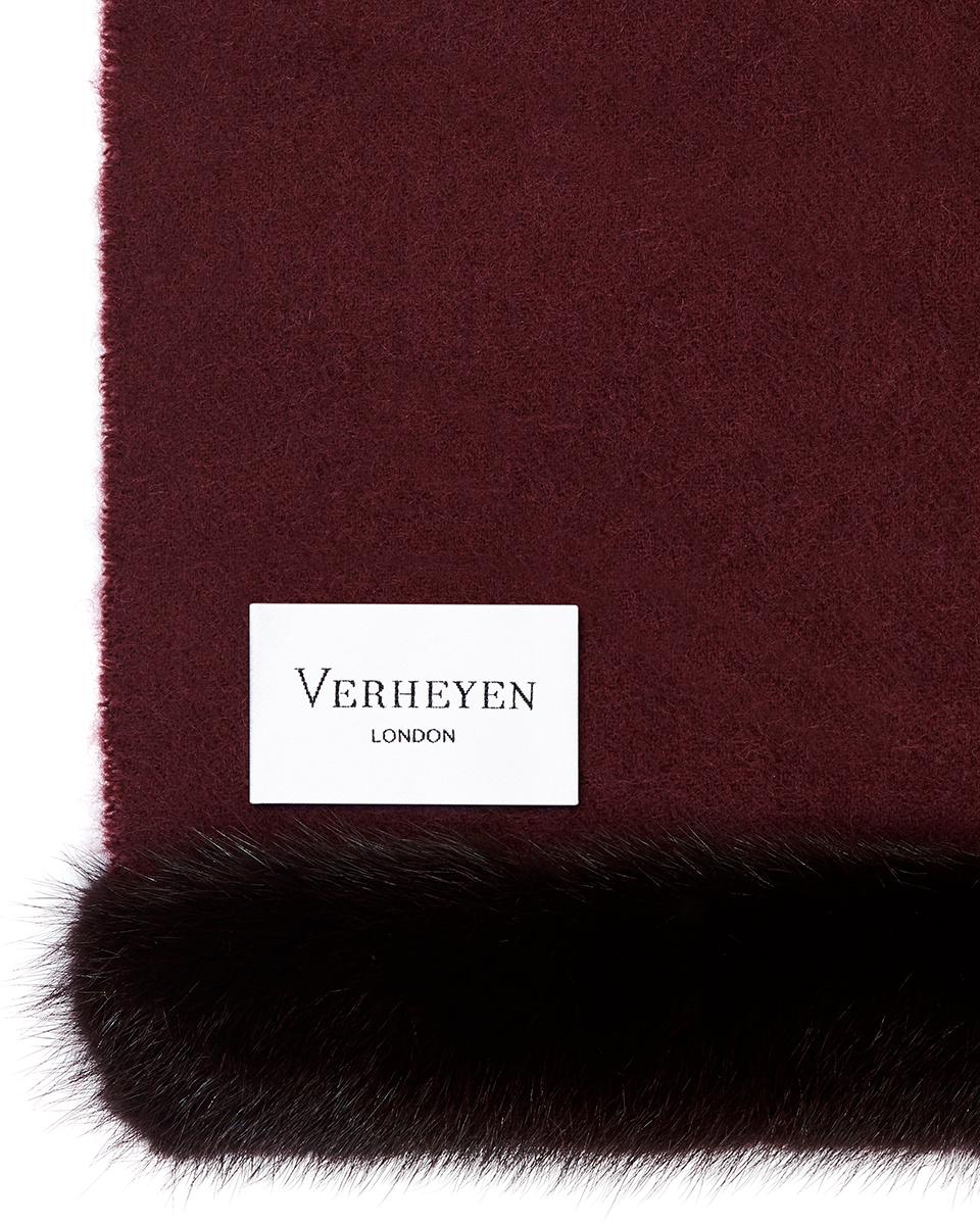 Women's or Men's Verheyen London Mink Fur Trimmed Cashmere Shawl Scarf in Rich Burgundy - New