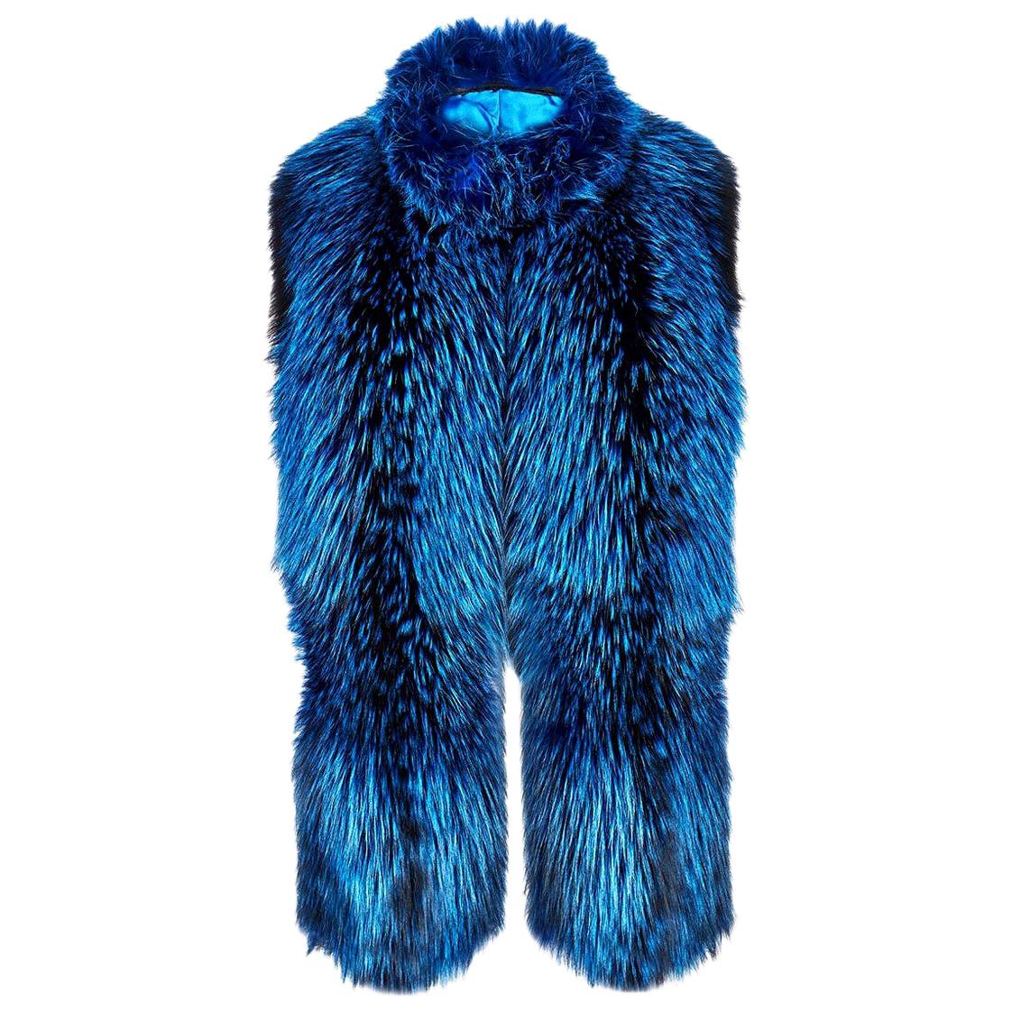 Verheyen London Nehru Collar Stole in Lapis Blue Fox Fur & Silk Lining 