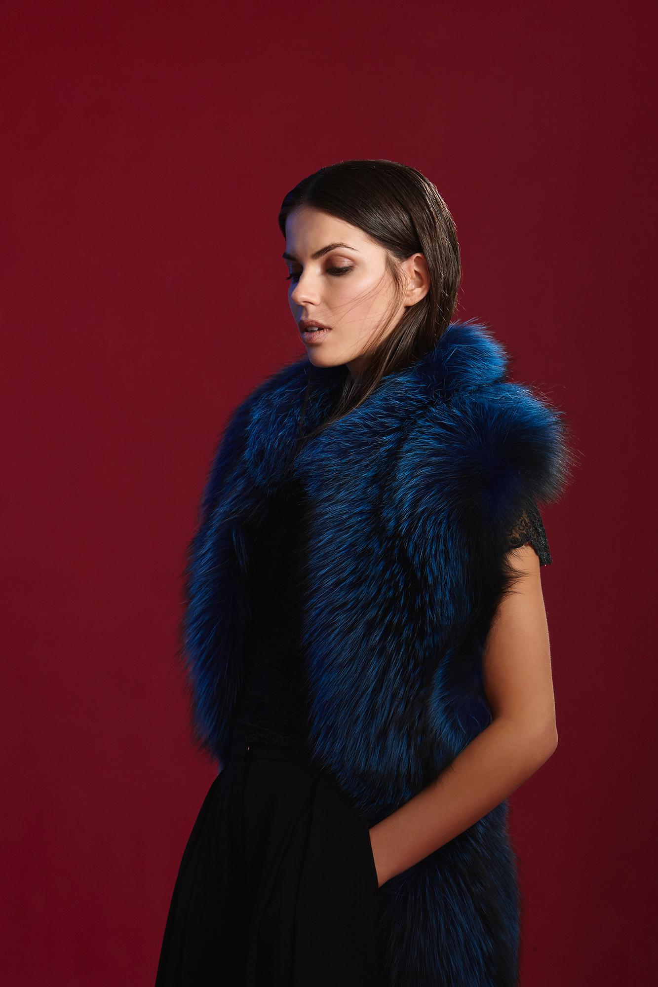 Verheyen London Nehru Collar Stole in Lapis Blue Fox Fur & Silk Lining -New  1