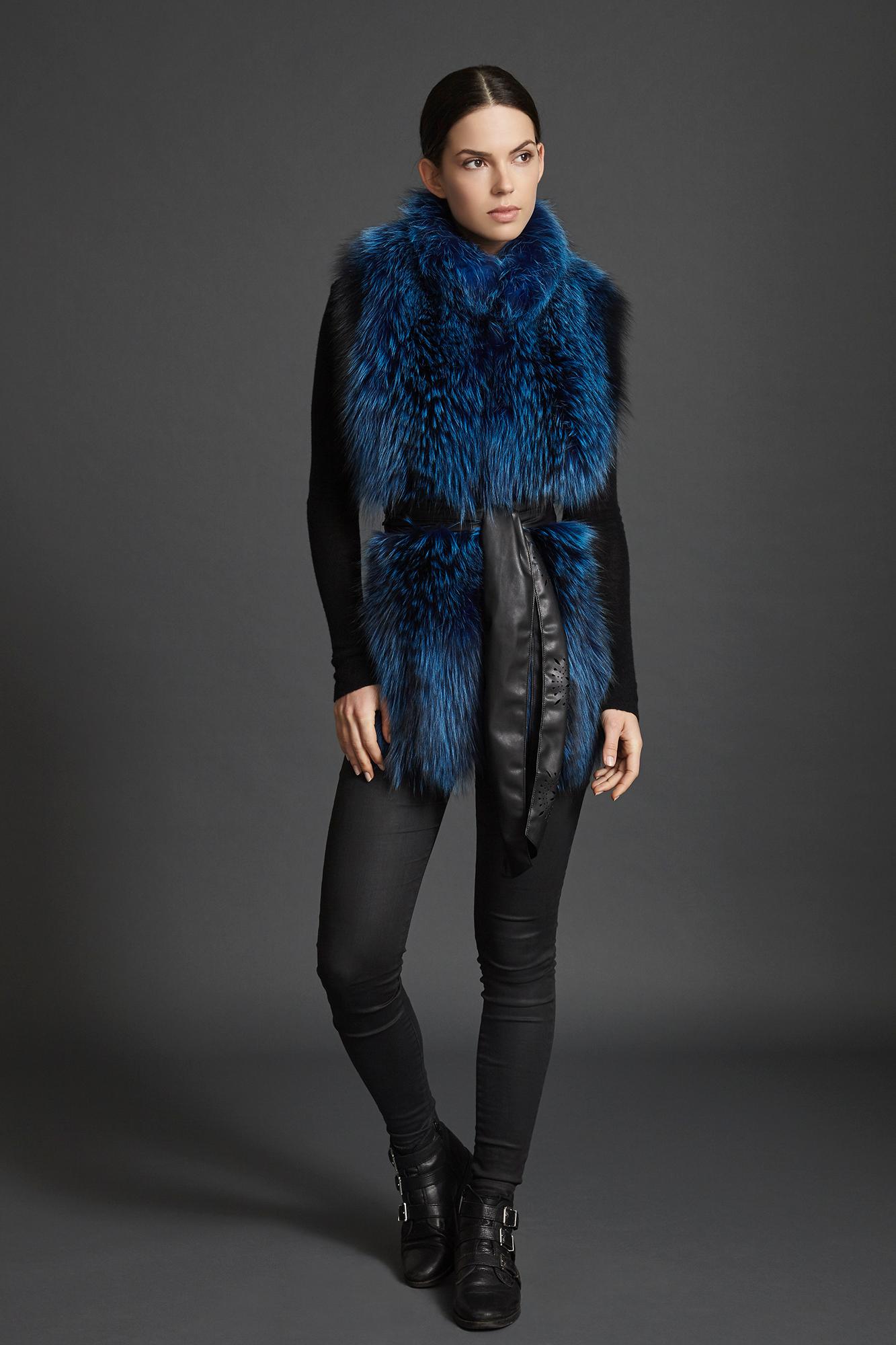 Verheyen London Nehru Collar Stole in Lapis Blue Fox Fur & Silk Lining - New  2