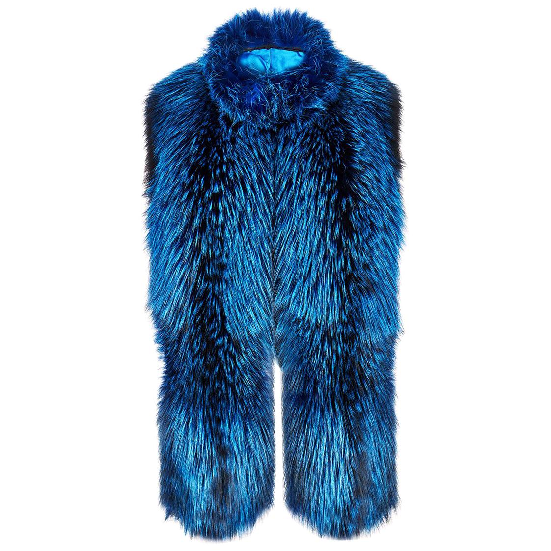 Verheyen London Nehru Collar Stole in Lapis Blue Fox Fur & Silk Lining -New 