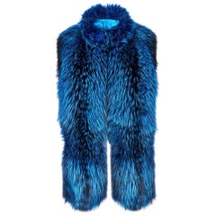 Verheyen London Nehru Collar Stole in Lapis Blue Fox Fur & Silk Lining -New