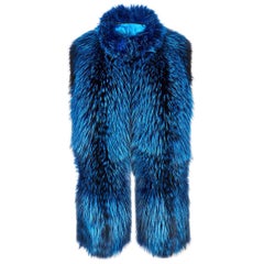 Verheyen London Nehru Collar Stole in Lapis Blue Fox Fur & Silk Lining -New 