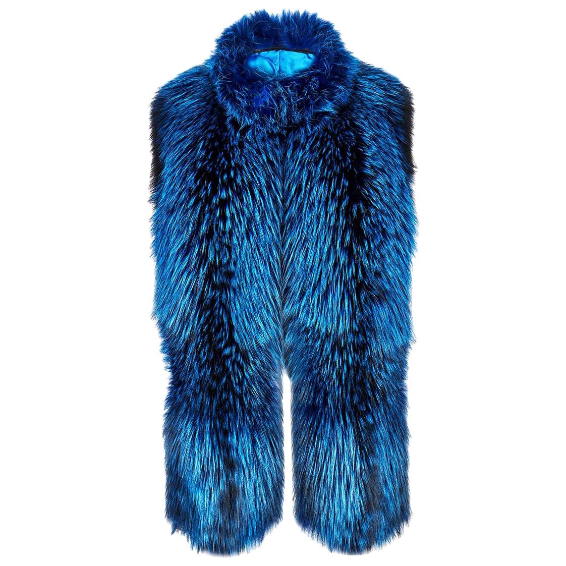 Verheyen London Nehru Collar Stole in Lapis Blue Fox Fur & Silk Lining - New 